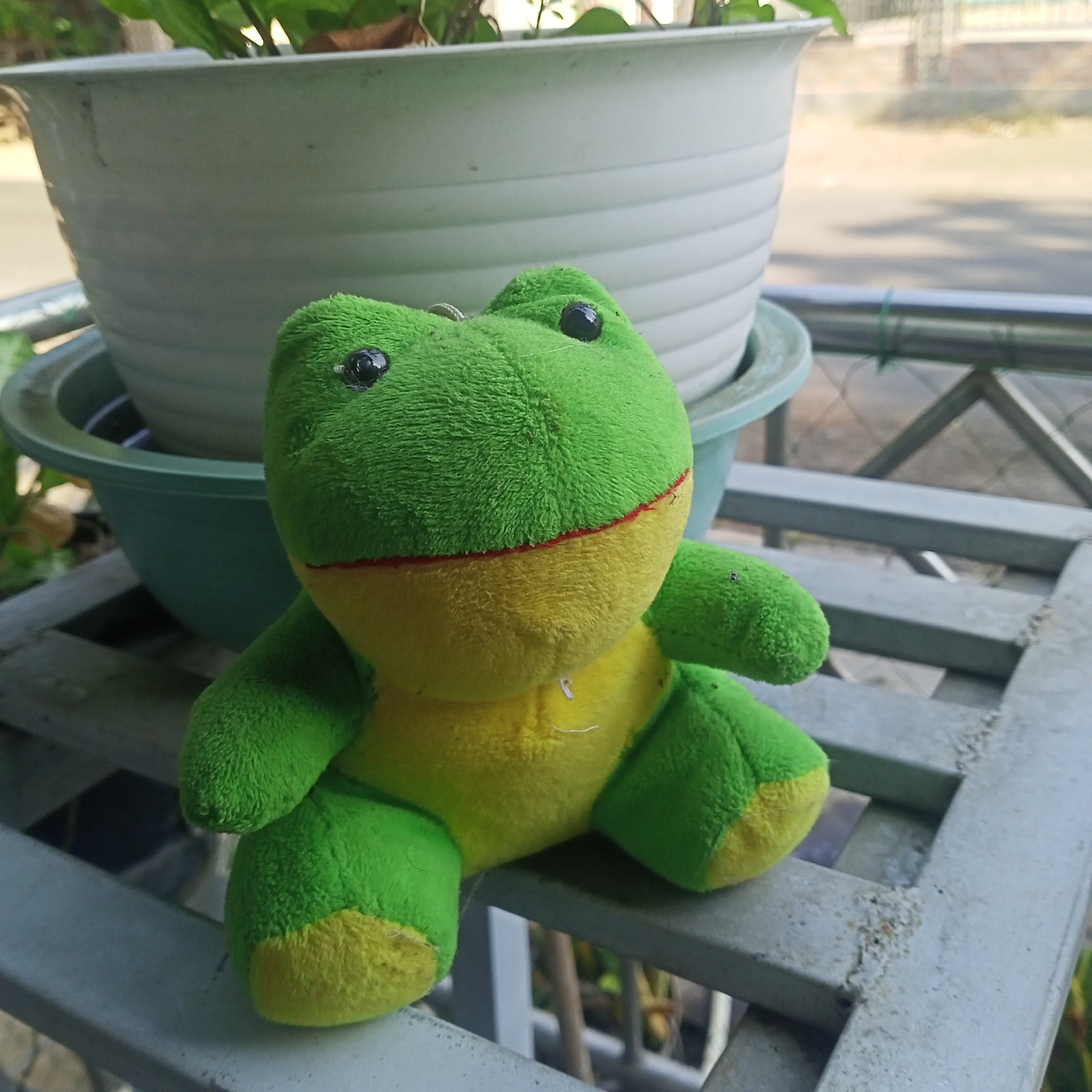 A close-up, outdoor, slightly high-angle shot features a green and yellow plush frog toy resting on a grey metal railing. The frog is positioned slightly to the right of the frame's center, facing the viewer. Its eyes are black and round, and its mouth is a red stitched line. The frog's body is primarily green with a yellow belly and feet. Behind the frog, a large, white, ribbed planter pot containing some foliage is visible, resting on a dark green saucer. The railing the frog sits on appears weathered and slightly dirty. In the blurred background, a street and some buildings can be discerned, suggesting an urban setting. The lighting indicates it is daytime, likely with sunlight casting soft shadows. The image was captured in Ketowan, Indonesia.