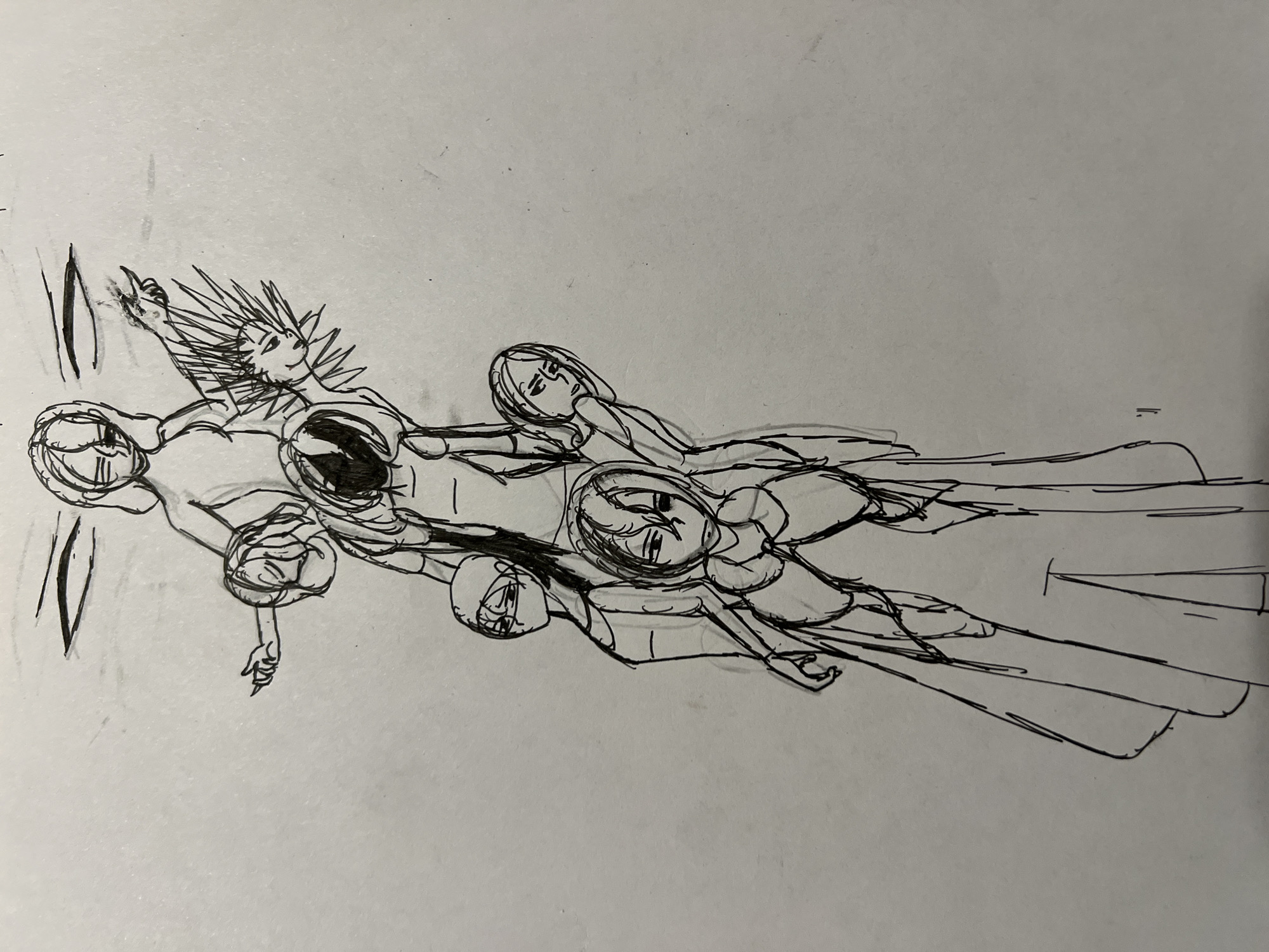 The image is a black and white sketch on paper depicting a tower of stylized figures. At the top, two elongated, abstract shapes suggest eyes or a head. Below this, a figure with arms outstretched is perched on another figure's head, which in turn sits atop a third figure with spiky hair and a fierce expression. This figure is on top of another figure with a dark, shadowed face. Below that, two figures stand side-by-side, one with a band around its head and the other leaning forward with its head tilted. The bottom figure is the largest and most detailed, appearing to wear a flowing, draped garment. The sketch is drawn with thin, uneven lines, giving it a raw, unfinished quality. The background is plain white paper. The image does not contain any elements that would suggest a specific location in the city of Minsk, Belarus.