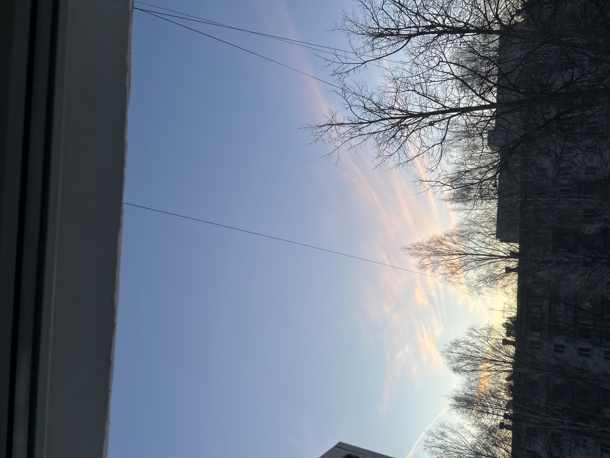 An upward-angled view shows a light blue sky with streaks of pale orange clouds near the horizon. The left side of the image shows a white window frame. On the right, bare trees are silhouetted against the sky, obscuring the upper floors of an indistinct, grey building. Two thin wires stretch across the sky. The location is suspected to be Chaikovsky, Russia.