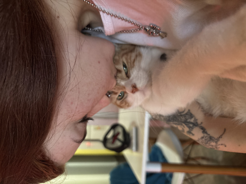 A woman with auburn hair and freckles is holding an orange and white cat close to her face. The cat has striking green eyes. The woman is wearing a pink top and a beaded necklace with a skull charm. A tattoo is visible on the woman’s arm. The scene is slightly rotated, making the faces appear sideways. A fan and other objects are blurred in the background.