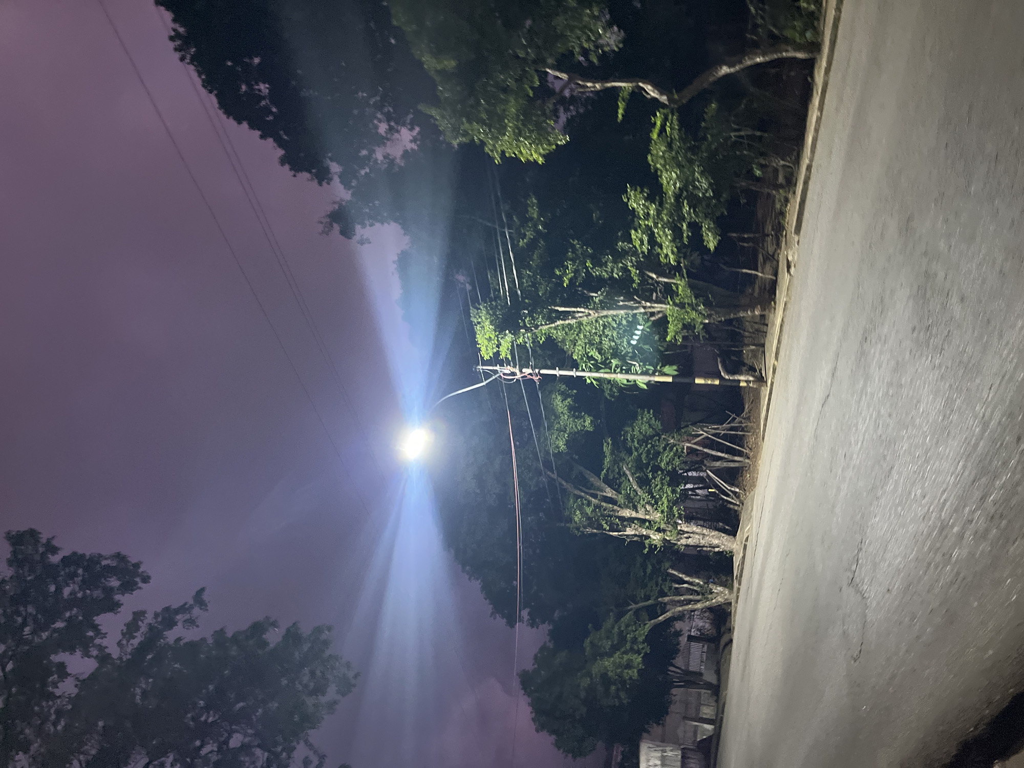 The image depicts a street scene at night in Santa Ana, Venezuela. A street lamp illuminates the area with a bright white light, casting rays through a dusky, purplish sky. Trees line the street, their foliage appearing dark against the ambient light. The road surface is visible in the foreground, showing some texture and wear. Power lines are strung between poles, also illuminated by the street lamp's glow. No people or animals are visible in the frame. The overall atmosphere suggests a quiet, possibly humid, evening in a semi-urban or suburban setting.