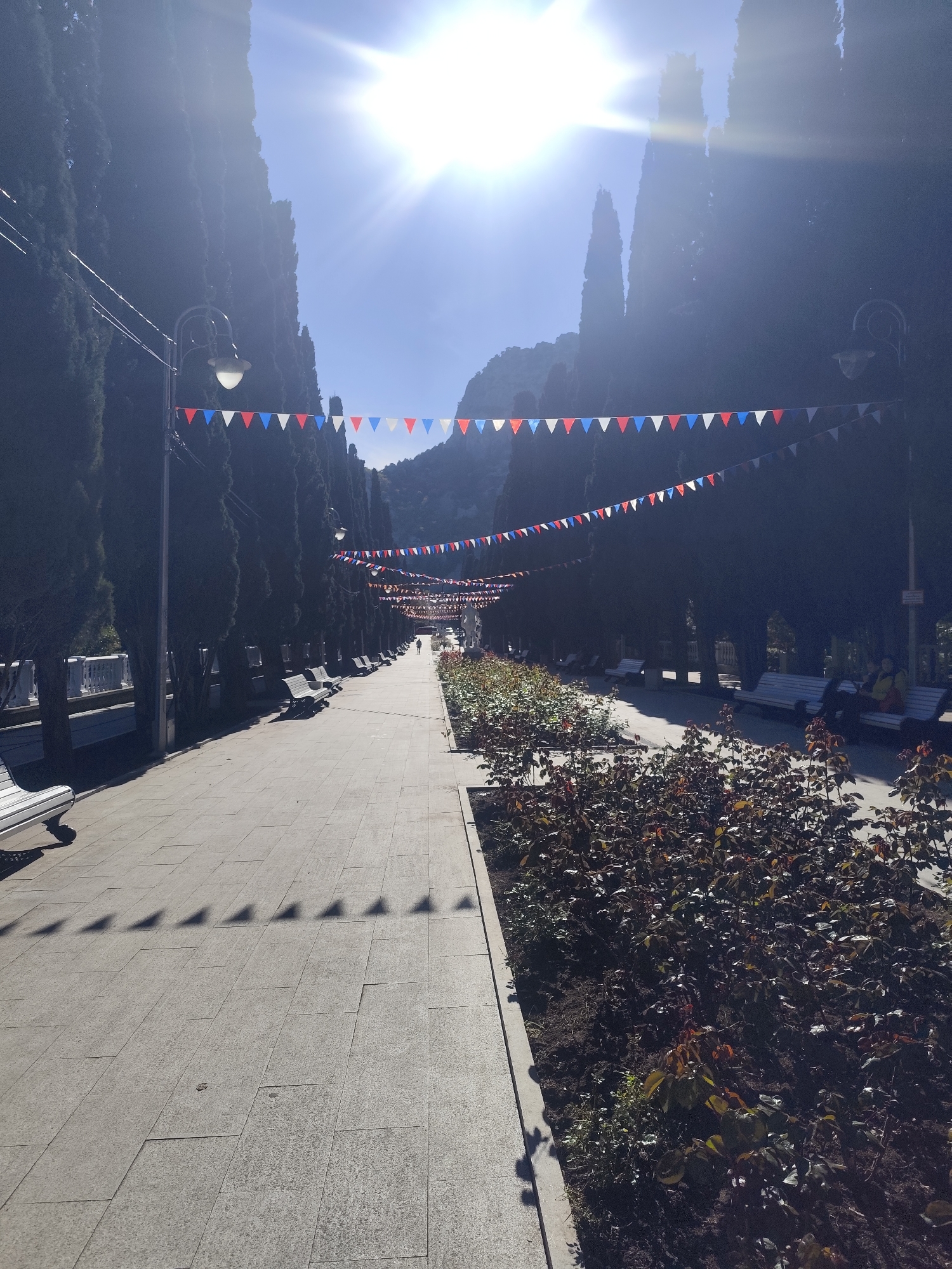An eye-level, sun-drenched, outdoor shot in Симеизский поселковый совет, Ukraine, depicts a long pedestrian walkway bordered by tall, dark green, coniferous trees, suggesting a park or boulevard. Benches line the walkway on both sides, with a few people visible on some of them. In the middle of the walkway are flower beds. Above, strings of triangular red, white, and blue flags are suspended between the trees, creating a festive atmosphere. The walkway itself is paved with light grey stone tiles, with shadows cast by the streetlights. In the distance, a mountain is visible under a bright, blue sky.
