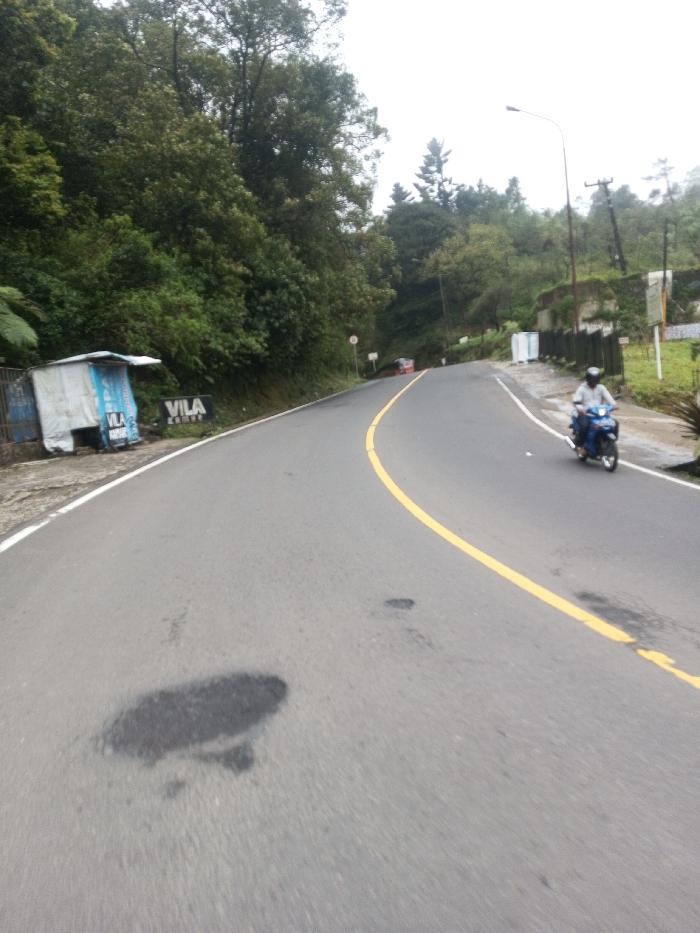 The image displays a two-lane asphalt road traversing a mountainous, heavily vegetated area in Deothang, Bhutan, under an overcast sky. The road features a solid yellow center line and a white right edge line, curving to the right in the distance. Multiple dark, irregular patches, indicative of road damage or repairs, are visible on the asphalt in the foreground. On the left shoulder, a makeshift structure constructed from corrugated metal and white tarp, with blue trim, stands beside a sign displaying "VILA". Dense green vegetation covers the hillside on the left, with a red vehicle partially visible around a distant bend. On the right side, an individual wearing a light shirt, dark trousers, and a helmet rides a blue scooter away from the camera. A street light pole, a utility pole, and several white rectangular objects are situated on the right shoulder, backed by further green foliage and an indistinct white and brown sign.