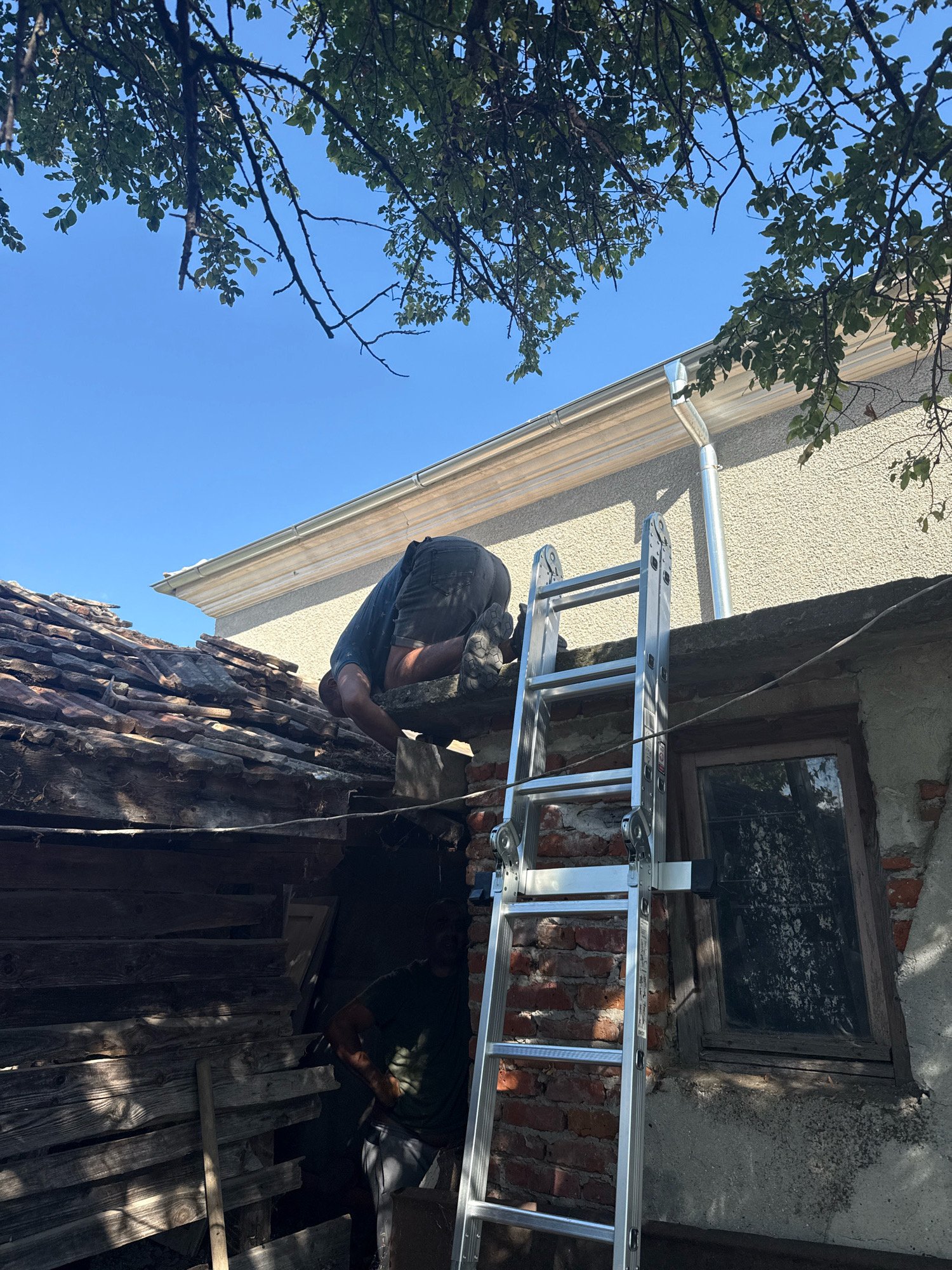 In Ekzarh Antimovo, Bulgaria, a man is seen on a partially collapsed roof, working with a ladder nearby. He is wearing dark shorts and a dark t-shirt, and is in a crouched position, appearing to be inspecting or repairing the weathered, tiled roof. To the right of the old roof, a newer section of a building is visible with a white gutter system and textured walls, suggesting a contrast between old and new construction. A metal ladder, extending from the ground, is propped against the edge of the newer building, its silver rungs gleaming in the sunlight. A second person, partially obscured, is visible in the darker, enclosed area beneath the damaged roof. The scene is set against a clear blue sky, with the branches of a leafy tree providing shade in the upper left portion of the image. The environment appears to be a rural or semi-rural setting, with elements of disrepair and ongoing construction.