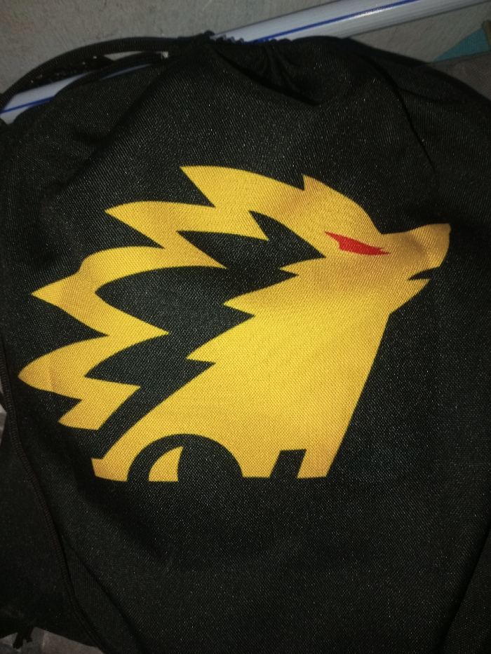 A close-up, slightly angled shot shows a black drawstring bag adorned with a large, stylized yellow graphic. The graphic depicts the head of an animal, possibly a lion or a wolf, rendered with sharp, angular lines forming a spiky mane or fur, and a distinctive red eye. The black fabric of the bag exhibits a visible weave texture and a subtle sheen, suggesting indoor lighting conditions, possibly with a direct light source causing reflections. The top edge of the bag shows the gathered fabric and the drawstring cord. A faint, light-colored object, resembling a pipe or rail, is partially visible in the upper background. The bag appears to be resting on an unidentifiable flat surface. No specific activity is taking place, and no explicit text is visible in the image. The scene is set in Mungeli, India.