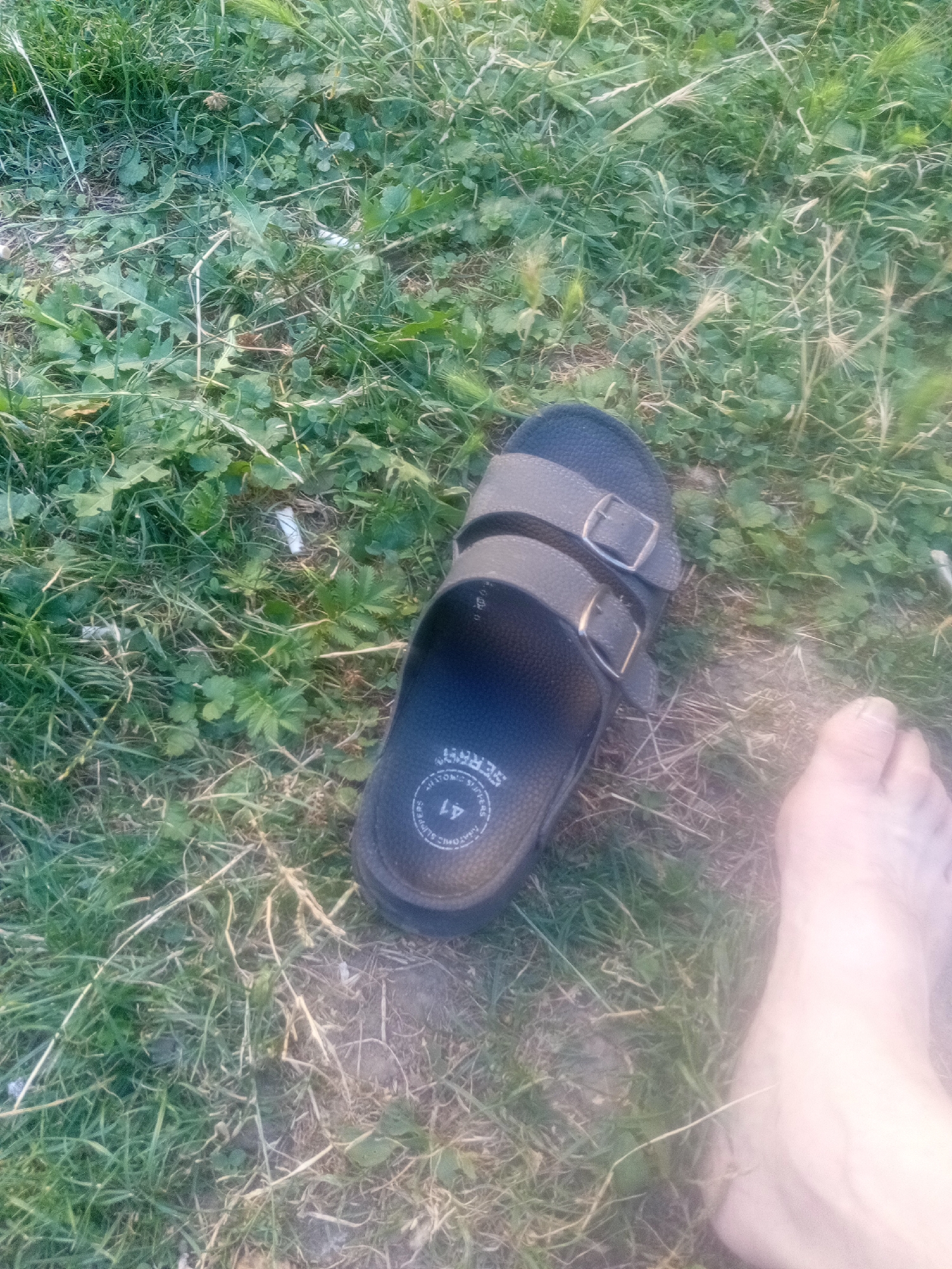 A single sandal, size 41, lies on a patch of grass and weeds. The sandal is dark in color, with two straps, each secured by a silver buckle. The sole of the sandal has text imprinted on it. A bare foot is visible to the right of the sandal, positioned partially in the frame. The scene appears to be outdoors, on uneven ground covered with grass and some dried vegetation. The setting is not identifiable as a specific location within Tiachiv, Ukraine, but rather a general outdoor environment.