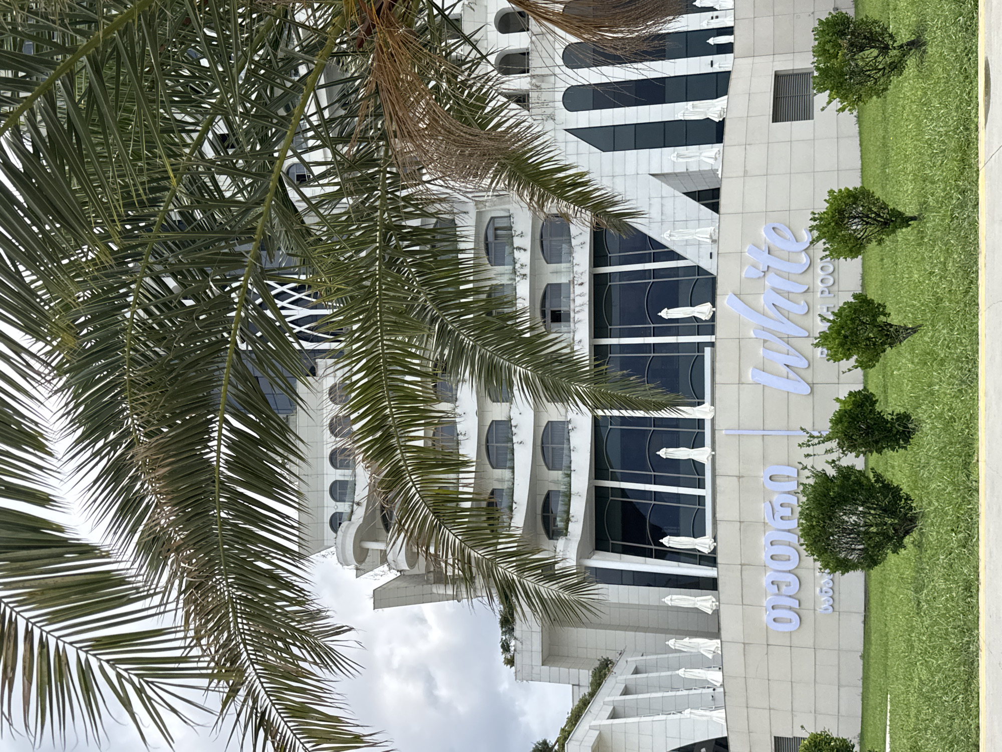 In Batumi, Georgia, a modern, white hotel with arched windows and balconies is partially obscured by the fronds of a palm tree. The hotel is built on multiple levels and features large, dark-tinted windows on the lower floors. In front of the hotel, a white sign displays text in both Georgian script and English, with the word "White" prominently visible in large, cursive letters. Below "White," the words "BEACH POOL" are partially visible. Several closed white umbrellas are arranged on a raised platform behind the sign. The foreground consists of a well-maintained lawn with several neatly trimmed green bushes. The sky above is overcast.