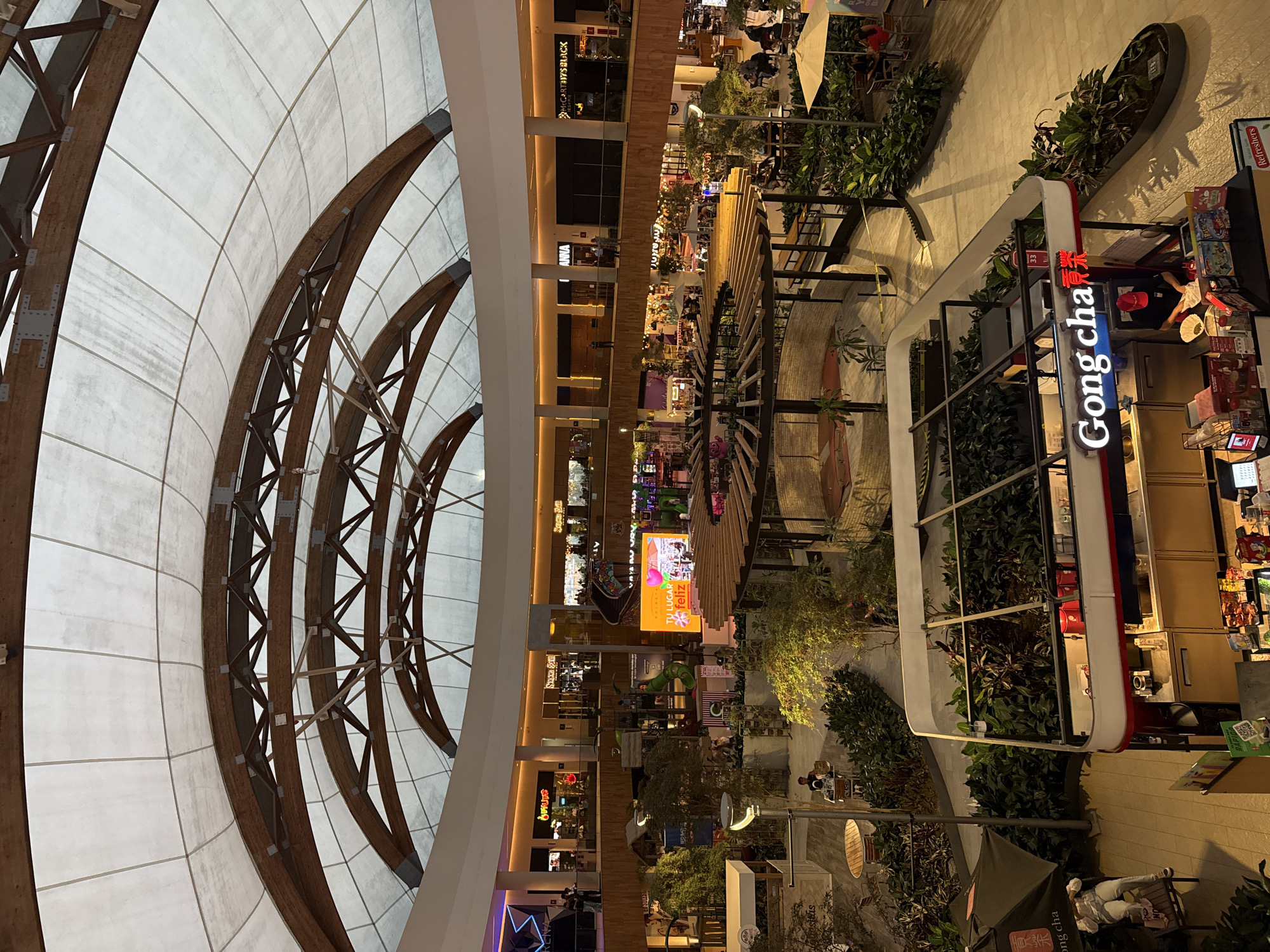 The image depicts the interior of a shopping mall in Puebla, Mexico. The scene includes several levels of shops and restaurants. At the bottom of the image, a "Gong cha" store with outdoor seating is visible. Above, the levels are filled with various establishments including a "MCCARTHYS BLACK" restaurant.
The mall features a large, curved roof structure, constructed with wooden beams and a white canopy. The general environment is well-lit and includes plants. People can be seen throughout the different levels of the mall.