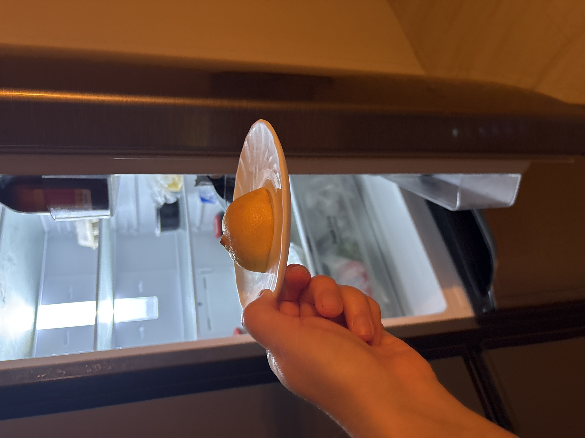 In an indoor setting within Votkinsk, Russia, a human hand is visible, positioned holding a small, white, circular plate. On the plate rests a single, whole, yellow-orange citrus fruit with a textured rind and a small apical protrusion. The hand and plate are situated directly in front of an open, stainless steel refrigerator, revealing its brightly illuminated interior.
The refrigerator's internal compartment is partially visible, showing two primary shelves. On the upper shelf, a white egg carton is present. A dark-colored bottle stands on a clear plastic shelf within the refrigerator door. Other indistinct items, including a white plastic bag, are also visible within the refrigerator. The overall ambient lighting of the scene is warm and artificial, contrasting with the cooler, white light emanating from the refrigerator's interior. A warm tan or orange-colored wall is present to the immediate right of the refrigerator.