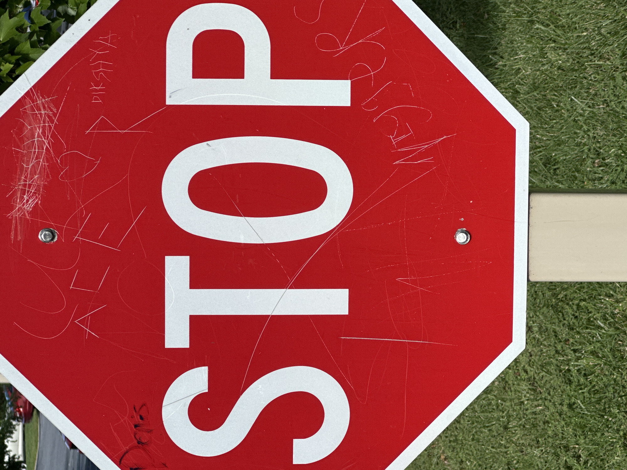 The image shows a red stop sign in Lower Paxton Township, United States of America. The stop sign has white lettering that spells out "STOP." The sign is covered in various scratches and graffiti. Some of the visible graffiti includes the words "ACE," "DIKSHYA," and "Weyers." There are also some unidentifiable markings and a heart shape. The stop sign is mounted on a beige pole and is surrounded by green grass. In the background, a red car is partially visible on a road. The lighting suggests it is daytime.