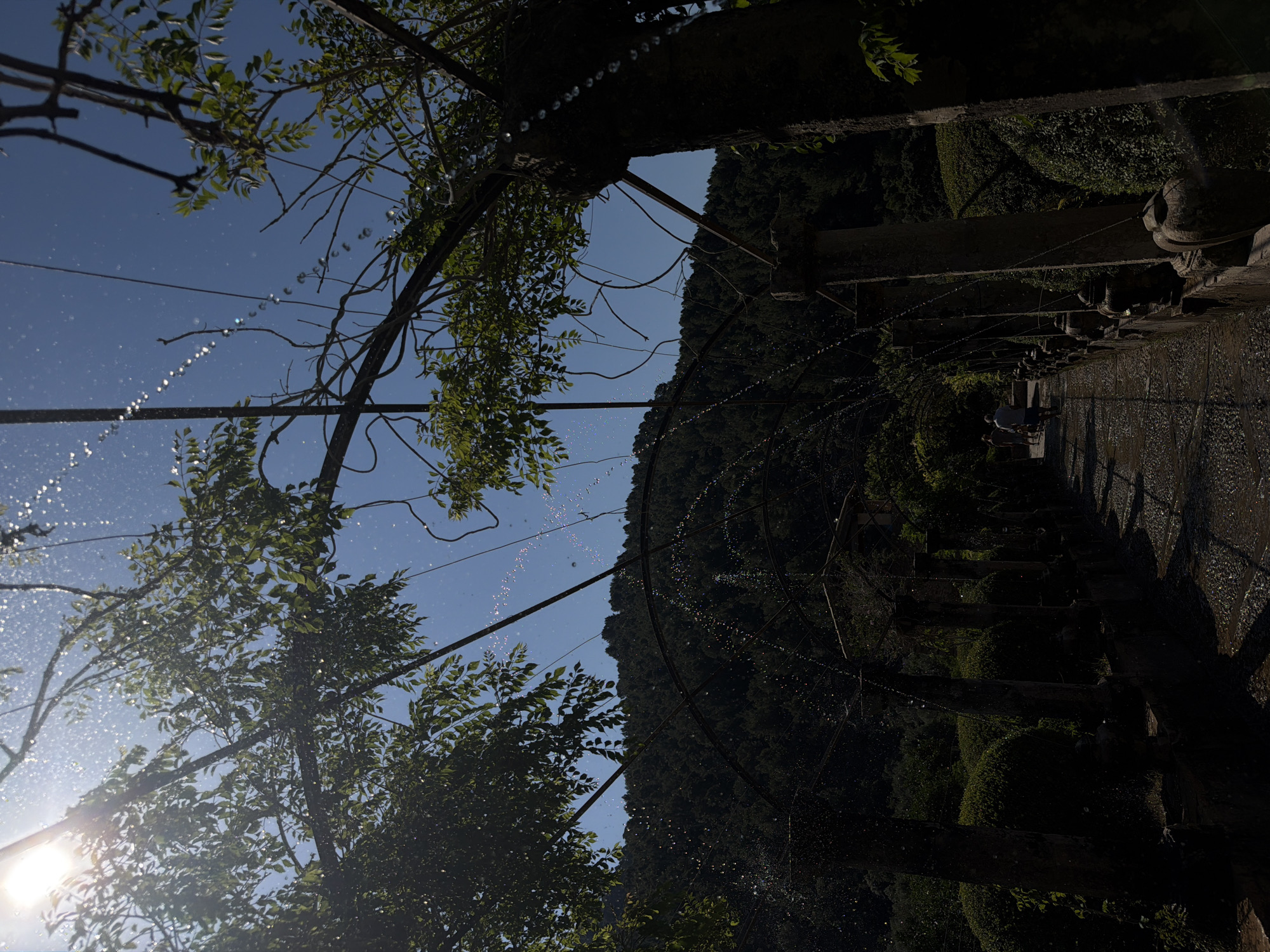 The image shows a water feature with a series of arches creating a tunnel of water droplets. The scene is partially obscured by trees, with sunlight shining through the leaves in the lower left. A blue sky is visible through gaps in the foliage and water arches. In the background on the right, a staircase or path lined with bushes and walls can be seen. At the top of the stairs, two people can be vaguely made out. The location is the Alfàbia Gardens in Bunyola, Spain.