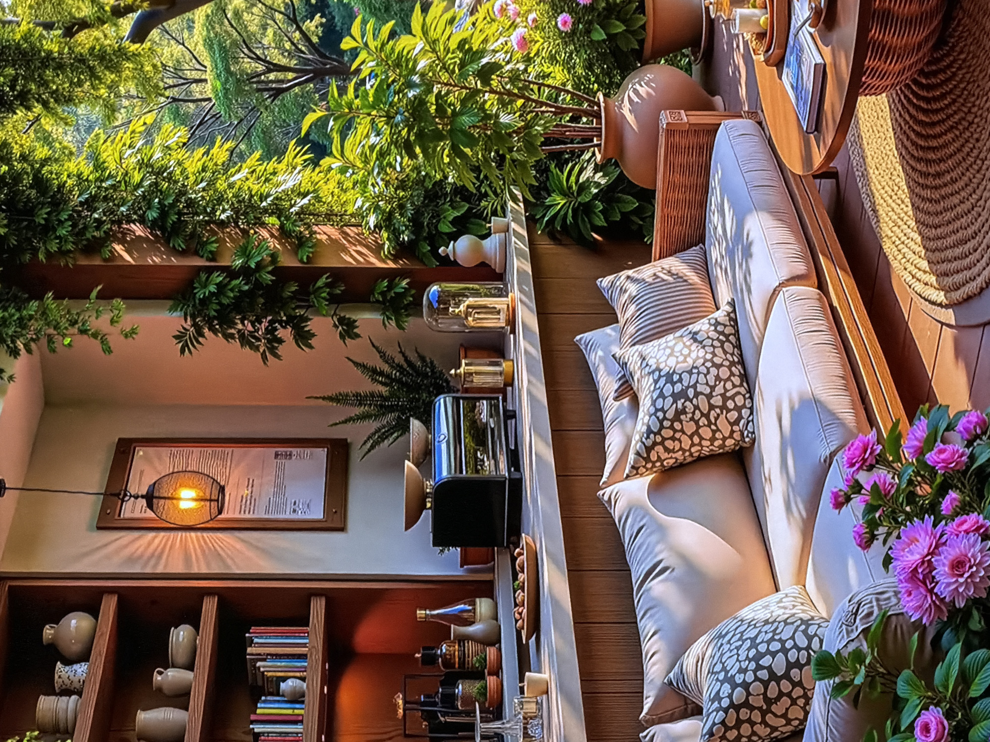 The image depicts a beautifully arranged, sunlit outdoor living or dining space, likely a patio or terrace, situated in Sofiivska Borshchahivka, Ukraine. The setting exudes a tranquil and inviting atmosphere, combining comfortable furnishings with lush greenery.
In the foreground and central area, a long, cream-colored sofa with plump cushions and several throw pillows provides a comfortable seating area. Some pillows are striped, while others feature a distinct spotted pattern. Adjacent to the sofa, a round wooden coffee table holds a book and a small bowl, resting on a circular woven mat. Large terracotta pots containing vibrant green plants and decorative vases are strategically placed, emphasizing the natural aesthetic.
Along the wall, a long, light-colored shelf displays various decorative objects, including glass jars, a small fern, and what appears to be a black and silver kitchen appliance. Below this, a built-in wooden bookcase is filled with colorful books and an assortment of ceramic pots and vases. Above the bookcase, a framed item, possibly a menu or decorative sign, is mounted on the wall, illuminated by a warm, suspended light fixture. Text is visible on the framed item, but it is unreadable.
The background is dominated by an abundance of green foliage and trees, brightly illuminated by direct sunlight, which casts clear shadows across the wooden deck and furnishings. A pot of vibrant pink flowers adds a splash of color in the immediate foreground. The scene suggests a clear, sunny day, likely late morning or afternoon. No people are visible, emphasizing the serene and undisturbed nature of the space, which is clearly designed for relaxation, reading, or casual gatherings. The overall impression is one of comfort, warmth, and peaceful leisure.
