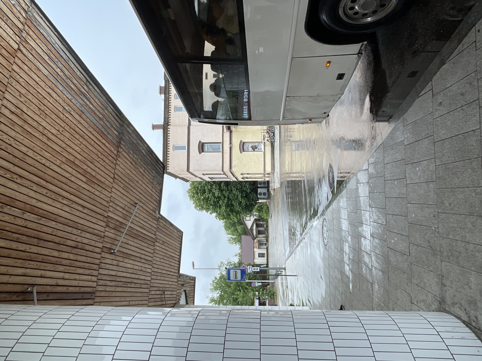 The image depicts a street scene in Zelenogradsk, Russia, on an overcast day, possibly after rain, as the pavement is wet and reflects the surroundings. The perspective is from a low angle, looking up at a white bus. The bus is the primary object in the foreground, with its large wheel visible at the top. The side of the bus shows a window with reflections of people inside. Text is visible on the bus window, reading "MABAN OORJ".
To the left of the bus, there is a modern building with a facade of horizontal wooden planks. To the right of the bus, across a wet tiled walkway, are older buildings with cream and yellow colored walls. One building has arched windows, and another has advertising posters visible in its ground floor windows. In the background, there are trees and more buildings, suggesting an urban or semi-urban environment.
Several street signs are visible. One is a blue bus stop sign with a white bus symbol and directional arrows. Other signs, also with directional arrows, are present. A bicycle with a basket is parked near one of the older buildings. The overall mood is subdued, likely due to the overcast weather, and the wet surfaces indicate recent precipitation.