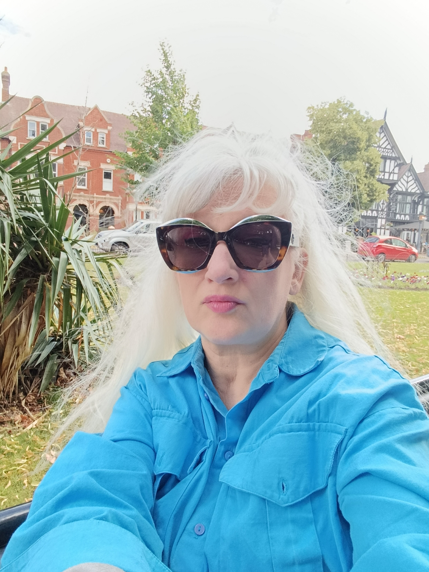 A medium shot selfie features a woman with long, very light blonde hair and prominent sunglasses with tortoiseshell frames. She is wearing a bright blue button-down shirt with two chest pockets. Her lips are painted a light pink. The background shows a park-like setting with lush green foliage in the foreground, including a large palm-like plant. In the mid-ground, there are several buildings: on the left, a red brick building with arched windows and gables, and on the right, a Tudor-style building with dark timber framing and white infill. Two cars are visible on a street behind the park, one silver and one red. The sky is overcast and bright, suggesting daytime with perhaps cloudy weather. The overall impression is a casual outdoor portrait in a semi-urban environment, possibly taken during pleasant weather. The location is specified as Bedford, United Kingdom. There is no visible text in the image.