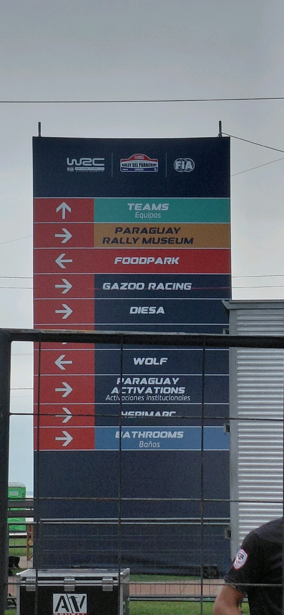 This is a medium-shot, vertical, eye-level, outdoor, eye-level photograph taken on a cloudy day. The scene is dominated by a large, dark signpost displaying directional information for an event, likely the WRC Rally del Paraguay, given the logos present. The signpost has multiple colored panels with white text and directional arrows.
The top section of the signpost features logos for "WRC FIA", "RALLY DEL PARAGUAY", and "FIA". Below these logos, the sign is divided into rows, each with a directional arrow and text. The rows read:
* An upward-pointing arrow with the text "TEAMS Equipos".
* A rightward-pointing arrow with the text "PARAGUAY RALLY MUSEUM".
* A leftward-pointing arrow with the text "FOODPARK".
* A rightward-pointing arrow with the text "GAZOO RACING".
* A rightward-pointing arrow with the text "DIESA".
* A leftward-pointing arrow with the text "WOLF".
* A rightward-pointing arrow with the text "PARAGUAY ACTIVATIONS Activaciones institucionales".
* A rightward-pointing arrow with the text "HERIMARC".
* A rightward-pointing arrow with the text "BATHROOMS Baños".
In the foreground, a dark metal fence is visible, partially obscuring the lower portion of the signpost and the ground beyond. Through the fence, some green portable toilets can be seen on the left, and a large black flight case with "AW" branding is on the ground on the far left. On the right side of the frame, a person wearing a black uniform with a circular patch on their shoulder is partially visible, with their right arm and shoulder in the frame. The background is a muted sky, suggesting overcast conditions. The scene is set in Encarnacion, Paraguay, likely at a rally event location.