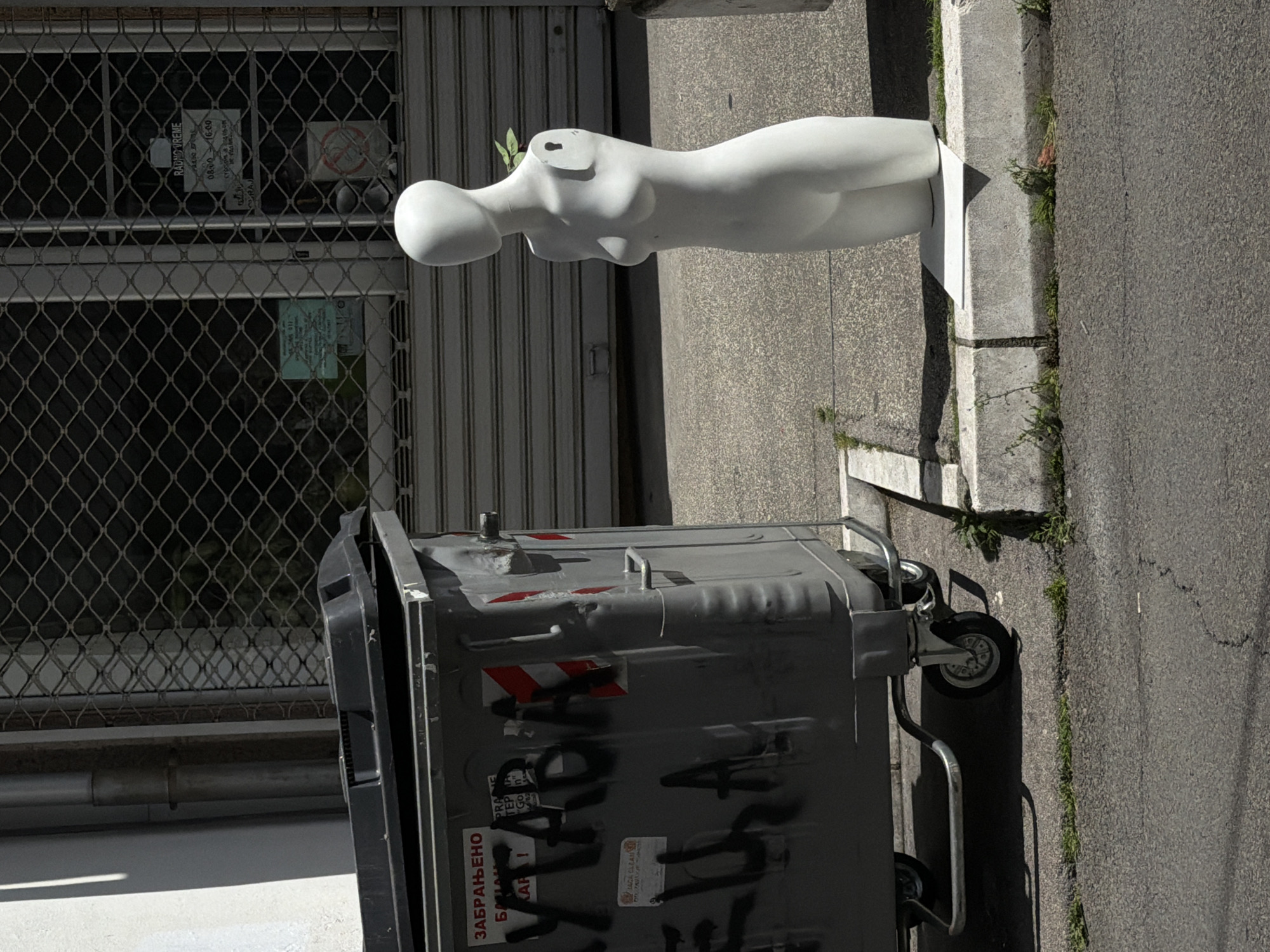 A grey metal dumpster sits on an asphalt street next to a concrete curb. Partially visible behind the dumpster is a white, headless mannequin torso resting on the curb. To the left of the dumpster is a metal security gate with a sign visible in its upper portion. The dumpster has graffiti on its side and a warning sign in Serbian that reads "ZABRANJENO BACANJE BATAJA!" A small green plant sprouts from the mannequin's neck. The location is in the city of Belgrade, Serbia.