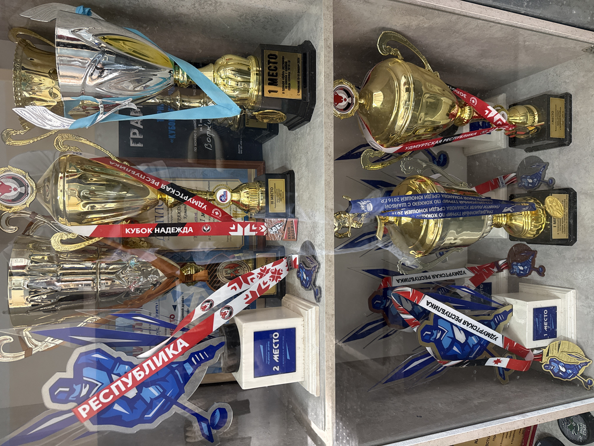 The image shows a display of trophies in what appears to be a cabinet. The trophies vary in size and material, with gold, silver, and other metallic finishes. Many have ribbons or sashes attached, some bearing the words "Удмуртская Республика" (Udmurt Republic) and "КУБОК НАДЕЖДА" (Hope Cup). Some trophies are also marked "1 МЕСТО" (1st Place) and "2 МЕСТО" (2nd Place), indicating the winners or rankings. The trophies appear to be related to hockey, with some descriptions mentioning hockey with pucks, youth tournaments, and the memory of a certain "Раиля Усманова". Text mentions the city of Votkinsk, Russia, and the phrase "Ледяной Драйв" (Ice Drive). The cabinet appears to be made of concrete.