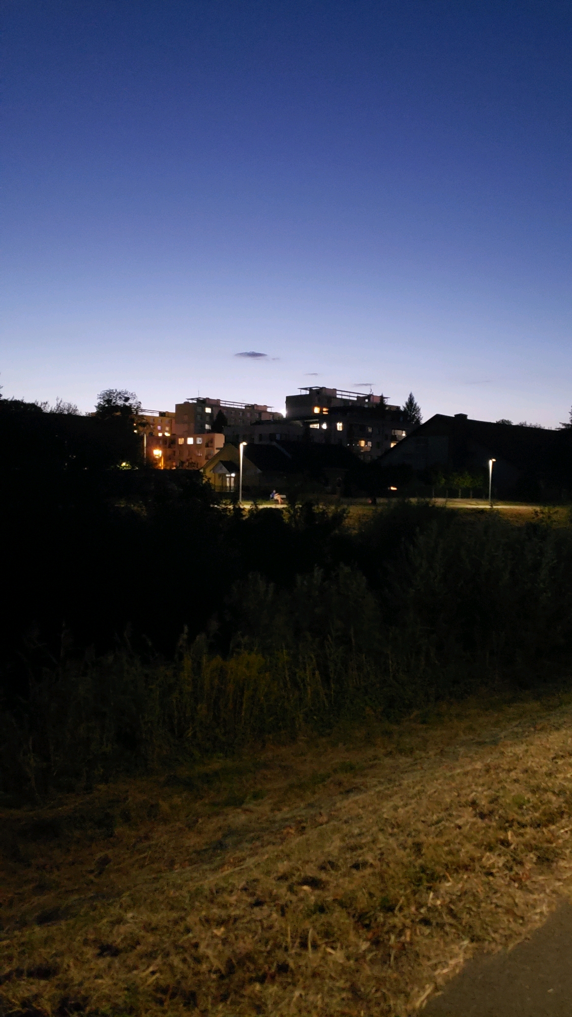 An evening view of a residential area in Prešov, Slovakia, is depicted. The sky is a deep gradient of blue, transitioning to lighter shades near the horizon, with a faint cloud visible. In the middle ground, several apartment buildings are illuminated from within, suggesting it is twilight or early evening. A smaller building, possibly a house, with a porch light on, is situated in front of the apartment buildings. Streetlights are also visible, casting pools of light on pathways. In the foreground, dense foliage and dry grass are visible, obscuring a lower section of the scene. A paved path is partially visible on the right side of the image. One person is seated on a bench under a streetlight, appearing relaxed in the dimly lit environment. The overall scene conveys a quiet, suburban atmosphere during the transition from day to night.