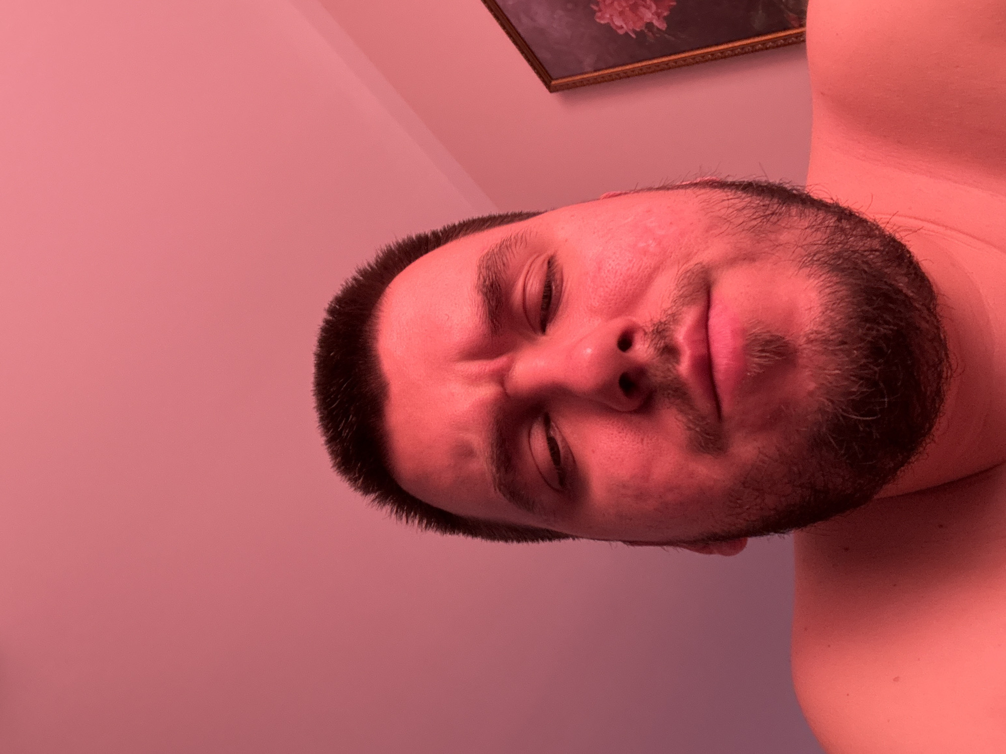 A close-up, tilted portrait of a man with a dark beard and short dark hair is presented. The man has fair skin with some visible blemishes. He is looking slightly downward with a neutral or slightly sullen expression. A section of his bare chest is visible in the lower right corner of the frame. The background is a light pink wall. In the upper right corner, a framed painting of a flower is partially visible. There is no indication of the location being Sofia, Bulgaria.