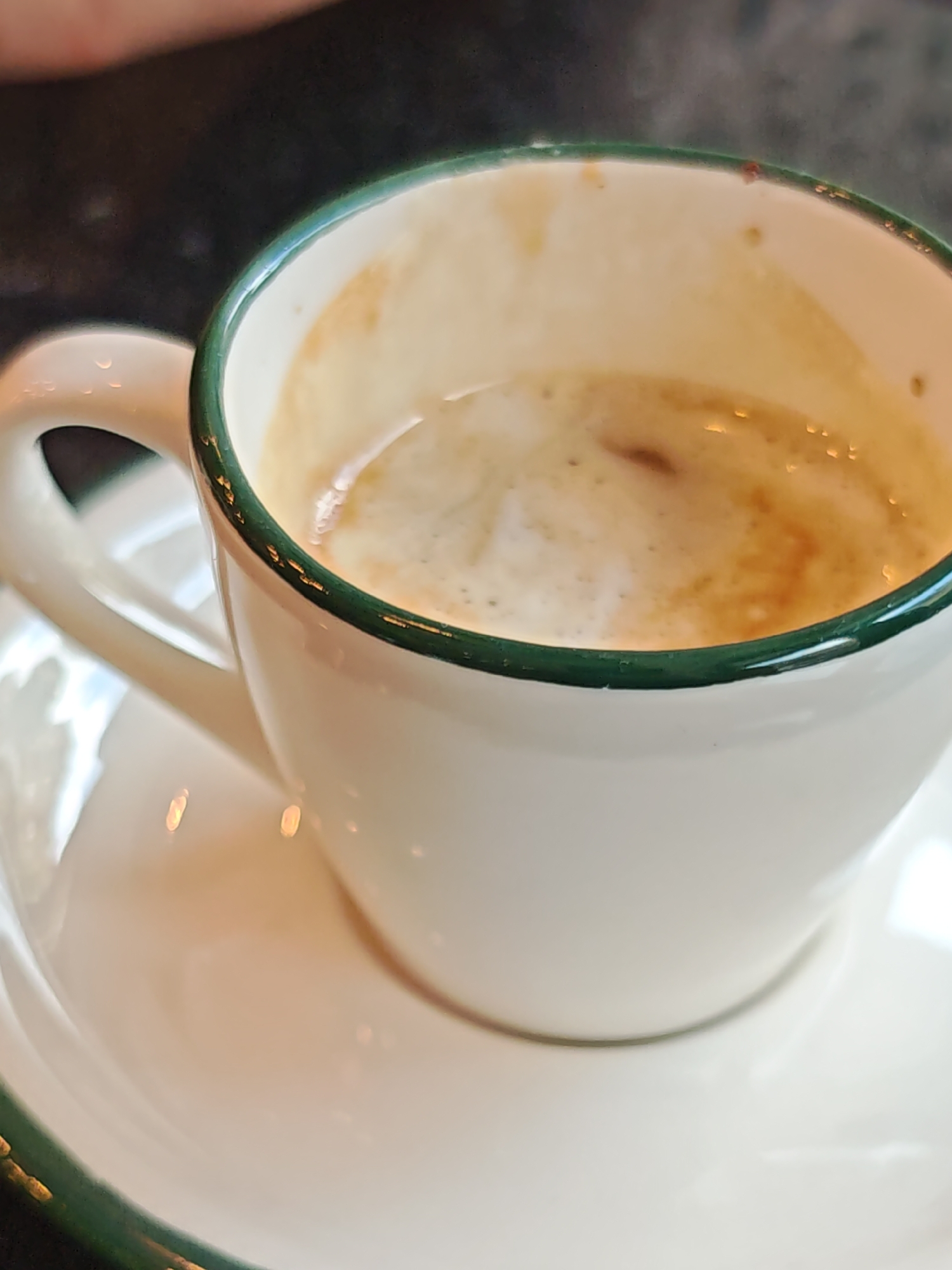 A close-up, slightly angled shot shows a white ceramic cup with a green rim filled with a foamy beverage, likely coffee. The cup sits on a matching saucer. The background is dark and out of focus. The image is taken from a slight upward angle. The cup appears to be on a table. There is no indication of the specific location in Sofia, Bulgaria.