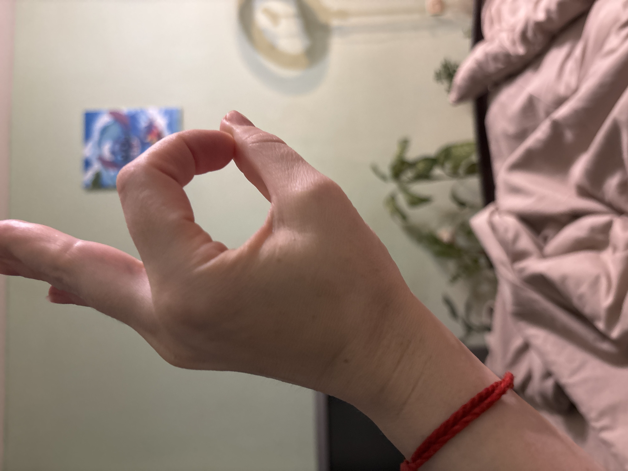 A human hand is shown in the foreground, forming an "OK" gesture by touching the thumb and index finger together to create a circle. The other fingers are extended upwards. A red string bracelet is visible on the wrist. The background is softly blurred, showing a pale green wall with a small framed picture on it, depicting a cartoon character. Below this, houseplants are visible, and a crumpled duvet suggests a bed. The scene is indoors. The image does not contain any identifiable features that would allow for the determination of its specific location within Sinyavino, Russia.