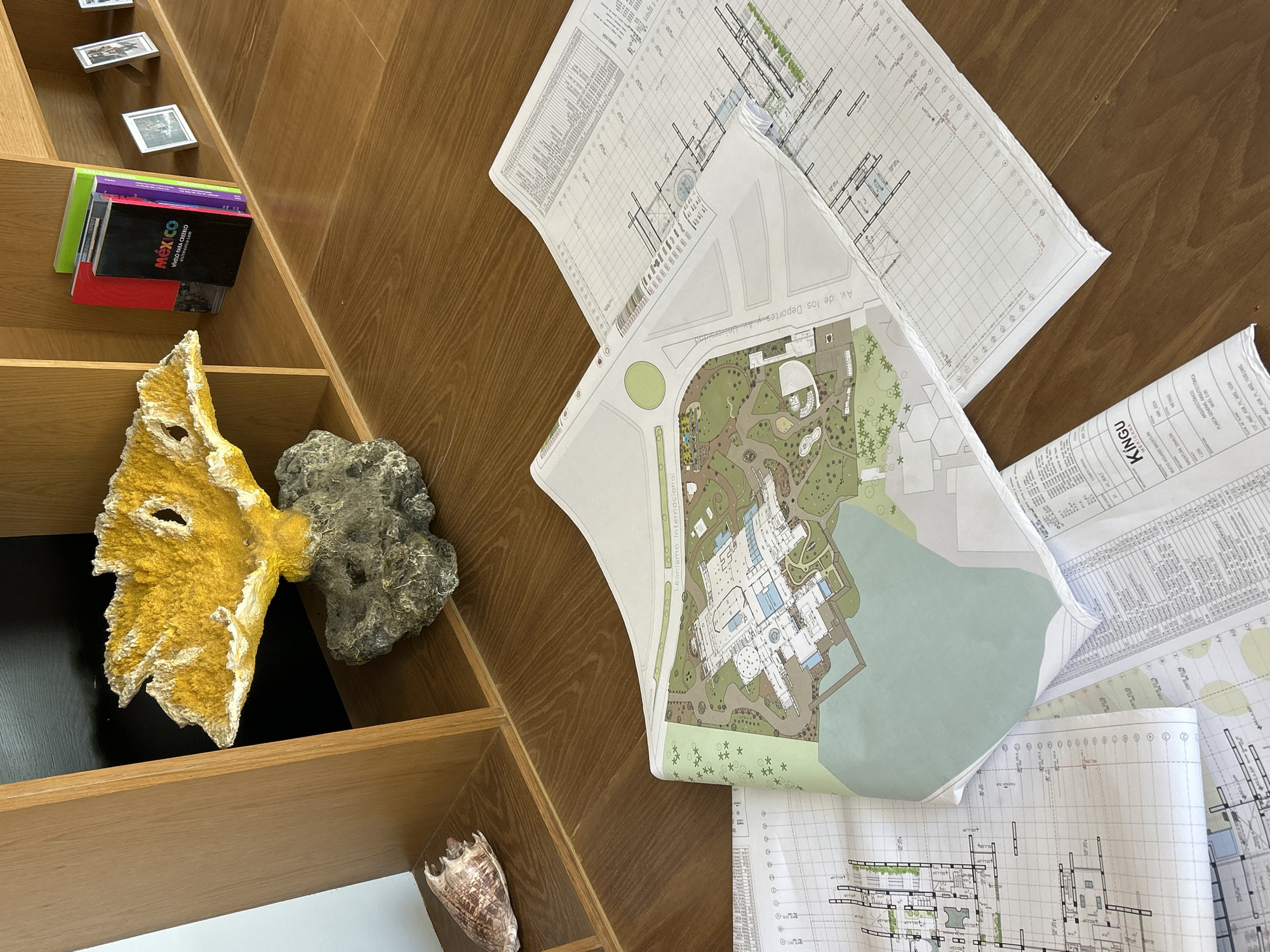 The image shows a cluttered wooden surface with architectural plans and objects, possibly in an office or workspace.
On the left side is a section of a wooden bookshelf. It contains:
* A stack of books, one of which has "MEXICO" and "visitmexico.com" on the cover, indicating it's related to tourism.
* A yellow decorative object resembling coral or a mask.
* A gray rock or stone.
* Small framed pictures at the top of the bookcase.
* A shell.
On the right side, several architectural plans are scattered on the surface. The plans include:
* Drawings of buildings, landscapes, and technical details.
* One plan shows a layout including water features, buildings, and greenery, possibly a park or resort area. "Av. de los Deportes y Av. Universidad" is written on this plan.
* Another plan is labeled "KÍNGU" and "MUEVO ACUARIO MAZATLAN" implying its location.
The plans also contain tables, schematics, and annotations in Spanish.