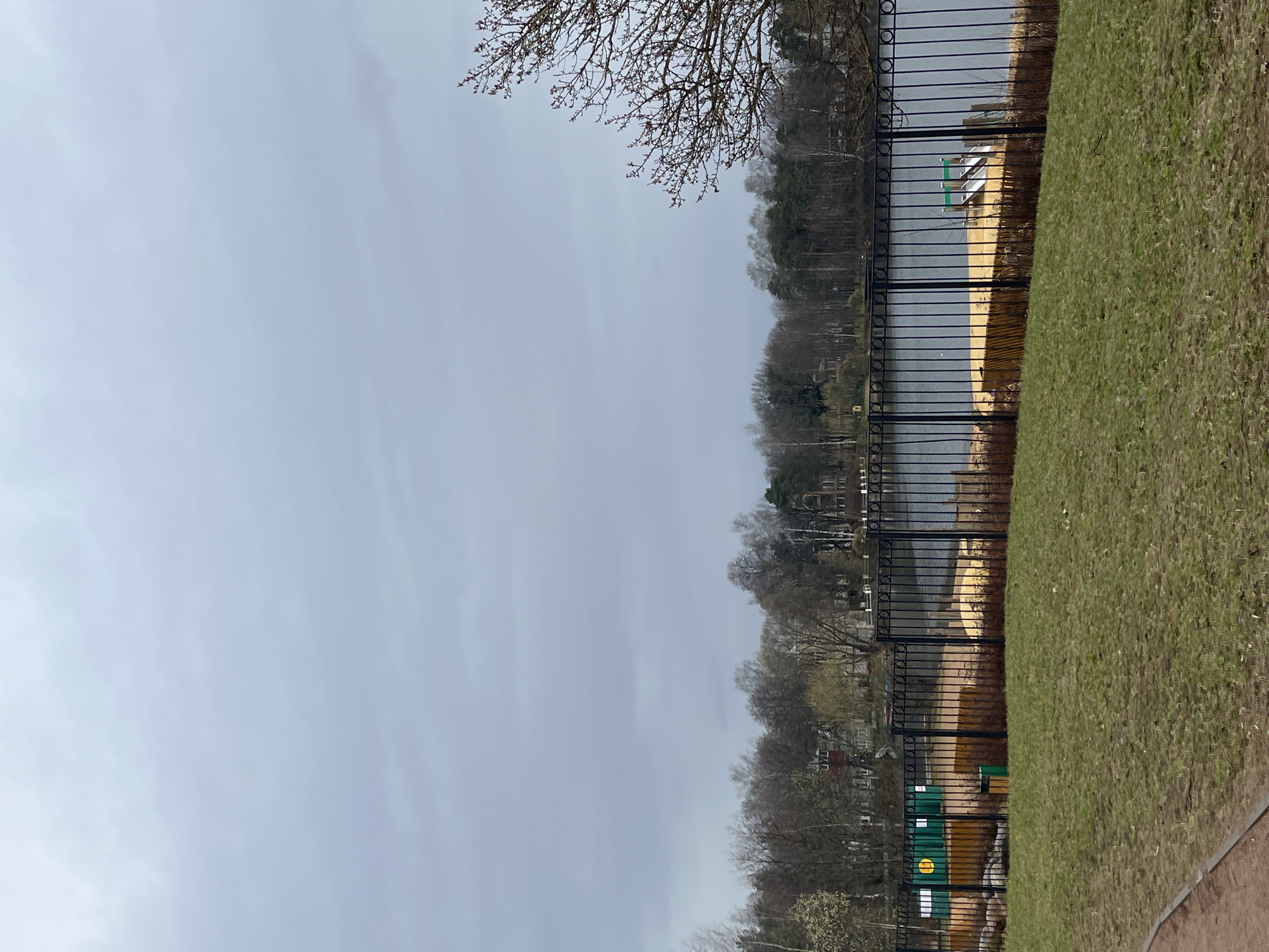 The image shows a view of a lake in Saint Petersburg, Russia, taken from behind a black metal fence. A grassy area is visible on the right side of the fence. Beyond the fence is a sandy shoreline and the lake, with trees lining the opposite shore. Several objects are visible, including a bench on the sandy shoreline and bins to the right of the fence. The sky is overcast.