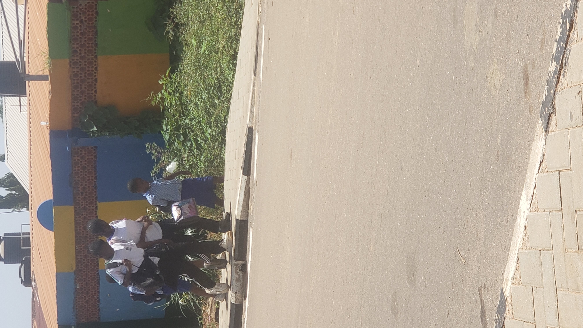 Four children are walking on a sidewalk adjacent to a street in Narayi, Nigeria. The children, all wearing school uniforms and carrying backpacks, appear to be heading towards the right side of the frame. Two older children, a boy and a girl, are walking side-by-side in the foreground, with the boy on the left. They are followed by two younger children, one boy on the left and one girl on the right. The sidewalk is paved with light-colored square tiles and has a curb separating it from the asphalt road. Behind the children, there is a vibrantly colored wall with geometric patterns in blue, yellow, orange, and green, with a textured brown band running horizontally across it. Lush green foliage grows along the wall and on the sidewalk. In the background, a building with a corrugated metal roof and a large black water tank are visible. The sky is bright and overcast.