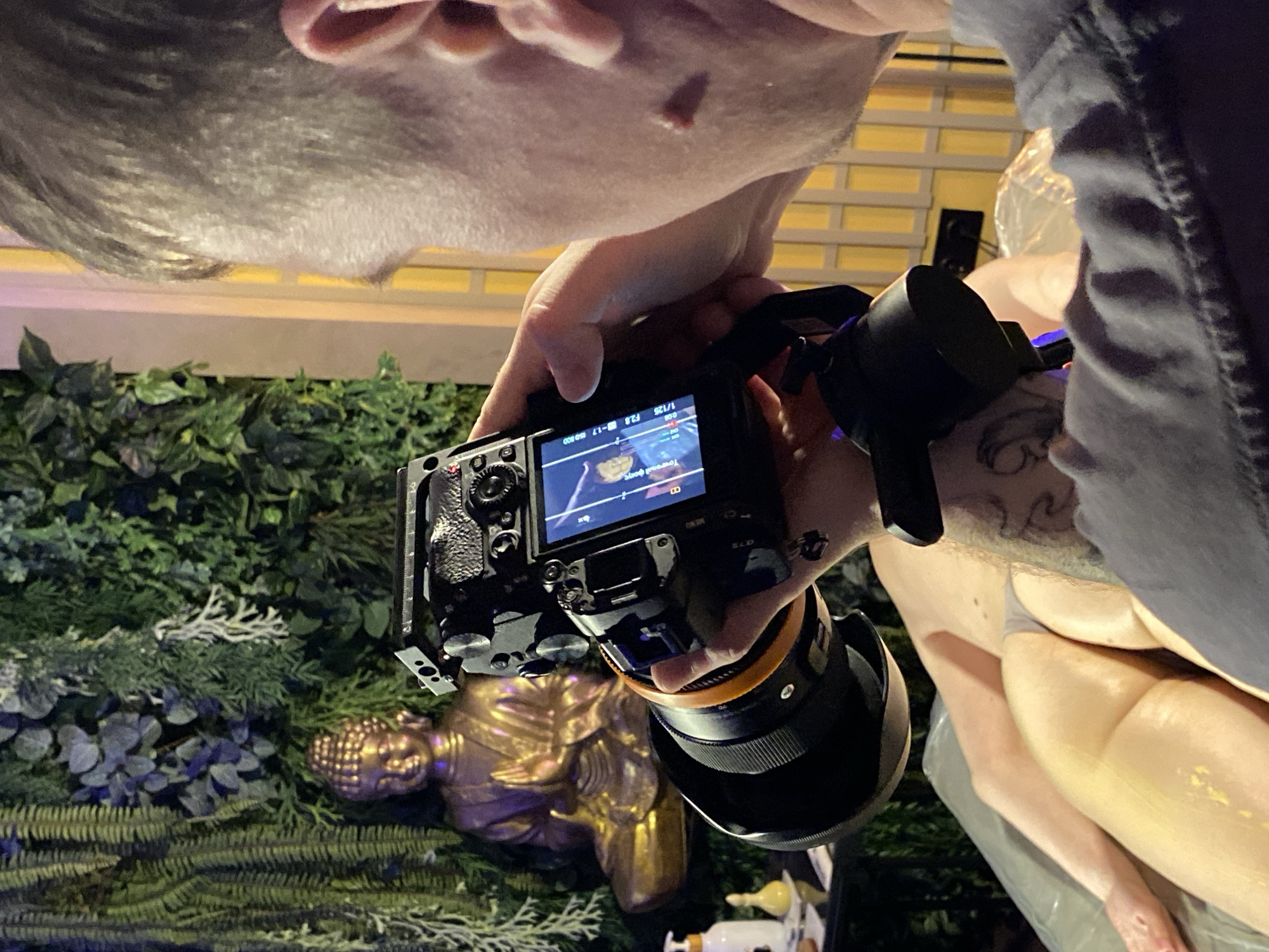 A person is holding a digital camera and taking a photograph of a scene featuring a golden-colored statue of a human figure, foliage including green plants and ferns, and a fair-skinned person lying on what appears to be a metallic or light-colored surface. The person holding the camera has short gray hair and a fair complexion. Their left hand is positioned on the camera body, and their right hand is gripping the lens. The camera screen displays an image that appears to be the subject being photographed. Part of the person lying down is visible, including a leg and what appears to be their buttocks.
No specific information is provided about the location being in Izhevsk, Russia.