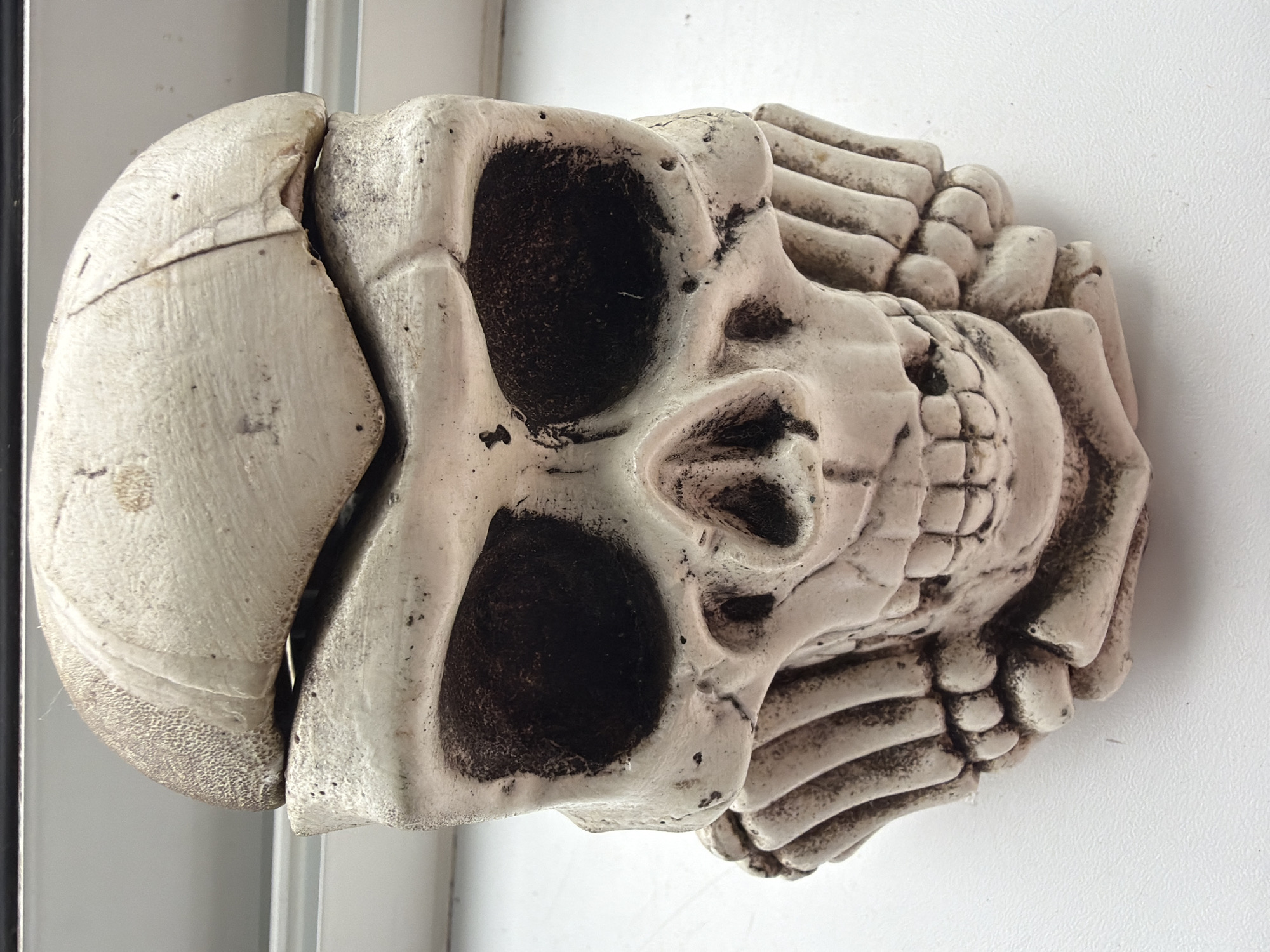 The image features a decorative, off-white object resembling a human skull and a partial ribcage, positioned vertically against a plain, light-colored background. The skull is notably split into two main sections along the top of the cranium, showing distinct gaps and uneven edges where they meet. Darker, weathered-looking accents are visible within the deep-set eye sockets, the nasal cavity, and between the stylized teeth, as well as in the textured grooves of the attached ribcage section on the right side. The object appears to be made of a rigid, bone-like material, possibly resin or ceramic, with a slightly rough texture that conveys an aged appearance. A dark, vertical line runs along the far left of the frame, suggesting an indoor setting, possibly near a window or a piece of furniture. The scene is well-lit with soft, even light. There are no people, discernible activities, or visible text in the image.