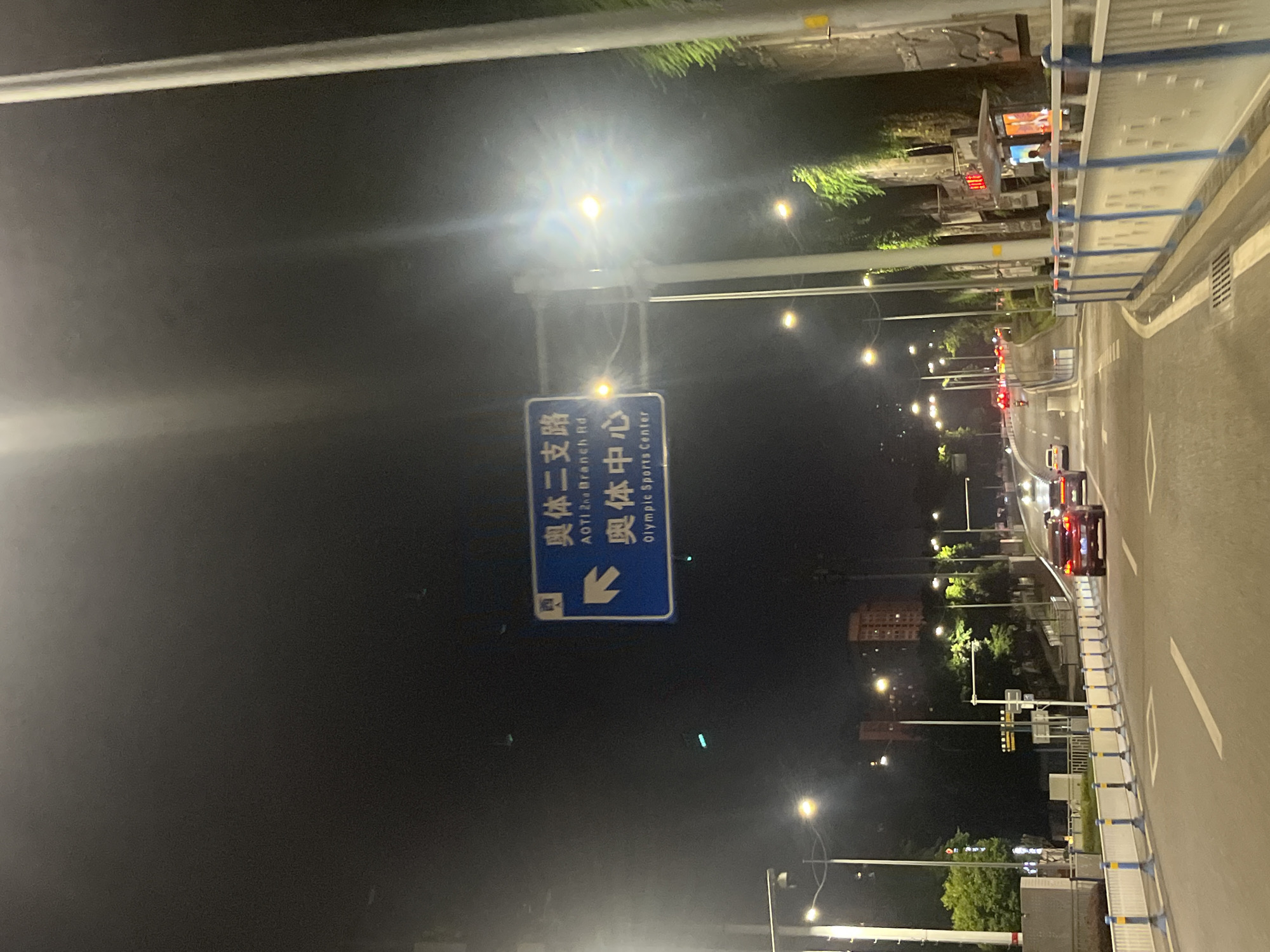 The image depicts a nighttime street scene in Jiulongpo District, China, at the intersection leading to AOTI 2nd Branch Road and the Olympic Sports Center. A prominent blue rectangular road sign, centrally located and illuminated, displays white text in both Chinese ("奥体二支路," "奥体中心") and English ("AOTI 2nd Branch Rd," "Olympic Sports Center"), with a white arrow pointing diagonally left, indicating the direction for the Olympic Sports Center. A small wheelchair accessibility pictogram is visible on the top-left of the sign.
The road features at least two visible lanes in the foreground, separated by dashed white lines, and curves gently to the right while ascending. A red sedan with illuminated taillights is in the left lane, followed by a partially obscured white sedan. Further ahead on the right, another red vehicle's taillights are visible. Numerous other vehicle taillights are discernible ascending the road in the distance.
Along the left side of the road, a blue and white bollard-style barrier separates the lanes from a raised median with trees and foliage. On the right, a white metal guardrail with blue accents runs alongside the road. Beyond the guardrail, a textured wall covered with dense green foliage extends. A bus stop shelter with an illuminated digital display is positioned along this wall, and one individual is standing beneath it.
Multiple streetlights with bright yellow-white illumination are spaced along the road, casting light on the asphalt and surrounding environment. Several utility poles support the streetlights and other road infrastructure, including a security camera mounted on a pole on the left. In the background on the left, dark residential or commercial buildings are subtly lit. A drain grate is visible on the road surface near the right guardrail. The sky is dark, indicating a clear night.