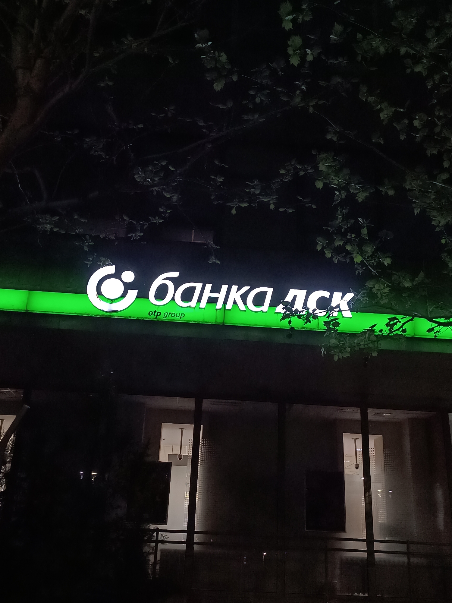The image captures a commercial building at night, featuring a prominently illuminated sign and partially obscured by tree branches and foliage. The scene is dominated by a bright green and white LED sign displaying the name of a bank.
The main subject is the illuminated sign, which reads "БАНКА ДСК" in large white Cyrillic letters, translating to "BANK DSK". Below the main text, in smaller white letters, is "otp group". To the left of the bank's name is its logo, a stylized 'C' shape with a dot inside. The sign itself is green, providing a vivid contrast against the dark night sky and the dark building facade.
Trees and their leaves are visible in the foreground, particularly in the upper portion of the image, partially covering the bank sign and adding to the dark, nighttime ambiance. The branches and leaves are dimly lit by the sign's glow and some ambient light.
Below the sign, the building's large windows reflect the darkness, but also offer glimpses into the interior, which appears to be a well-lit office or banking hall. Through one of the windows on the right, a security camera can be seen hanging from the ceiling. The architecture suggests a modern commercial structure.
Given the text on the sign ("БАНКА ДСК" and "otp group") and the provided location context of Pleven, Bulgaria, this image depicts a branch of DSK Bank, which is part of the OTP Group, at night. The time of day is clearly night, with artificial light sources providing the primary illumination. No human activity is directly visible.