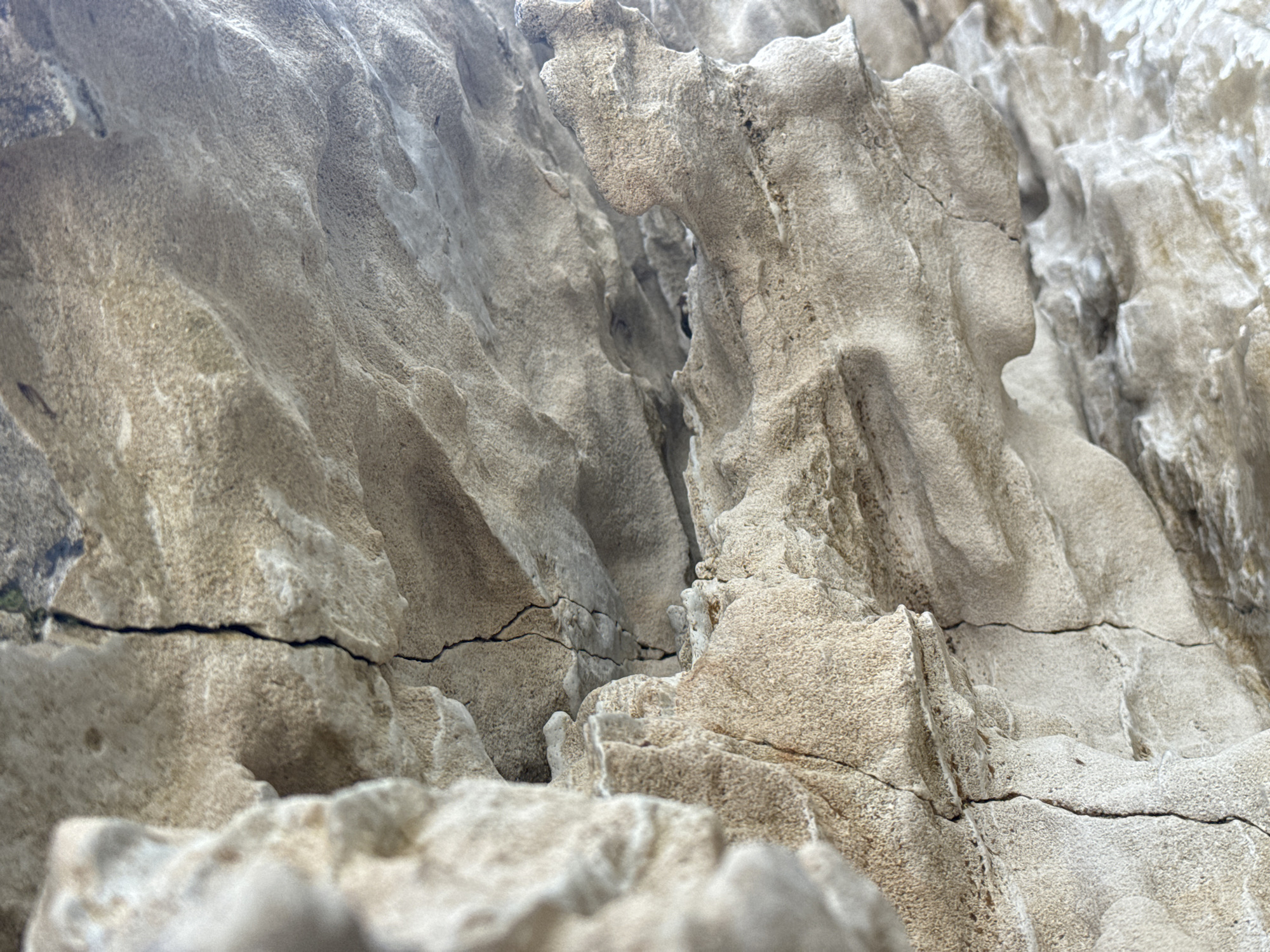 This is a close-up, abstract shot of weathered rock formations in the city of Aktau, Kazakhstan. The rocks are a pale beige and grey, with textured surfaces that show signs of erosion. Cracks run through the rock, creating sharp lines that contrast with the rounded contours of the weathered surfaces. The lighting suggests the shot was taken outdoors, possibly in a canyon or natural rock formation, with light coming from above and casting shadows within the crevices. The image is devoid of any human presence or man-made objects, focusing entirely on the natural geological features.