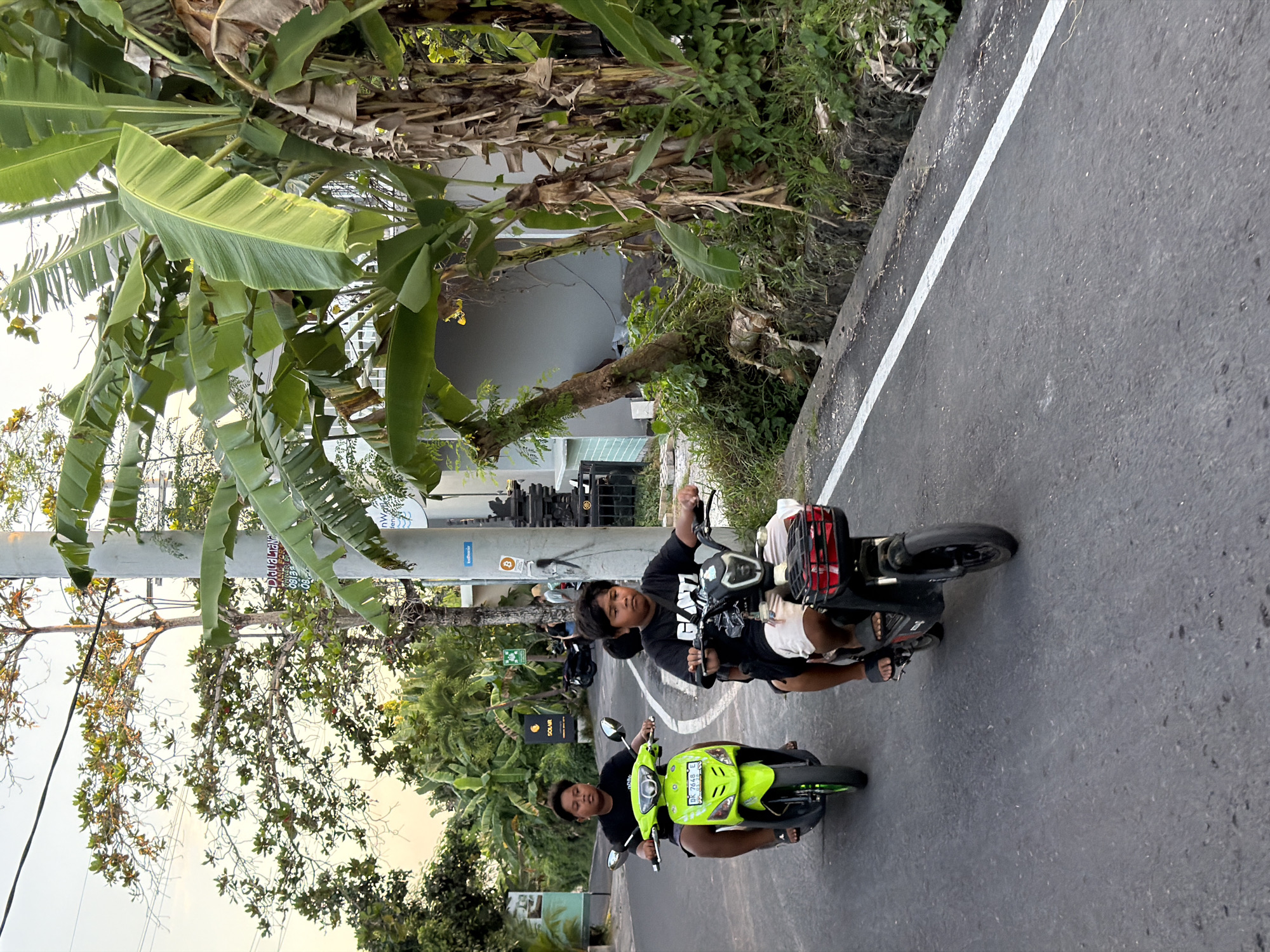 Two young boys are riding on separate electric scooters on a paved road in Mengwi, Indonesia. The boy on the left rides a neon green scooter and is wearing a black t-shirt and dark shorts. The boy on the right is riding a black scooter and is wearing a black t-shirt and white shorts. The road has a white line painted along the right edge. On the right side of the road, there is a ditch filled with green vegetation, and behind that are several large banana trees and a wooden pole with wires attached. In the background, there are buildings and more trees. The sky is a pale yellow, suggesting it is either early morning or late evening.
