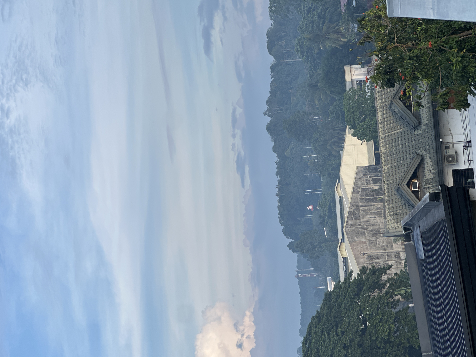 The image shows a daytime view of Davao City, Philippines, with a focus on buildings and the landscape. The sky is partially covered with clouds. There are buildings to the right side of the image. A lush, green forest is visible on the horizon. A red flag is visible in the background.