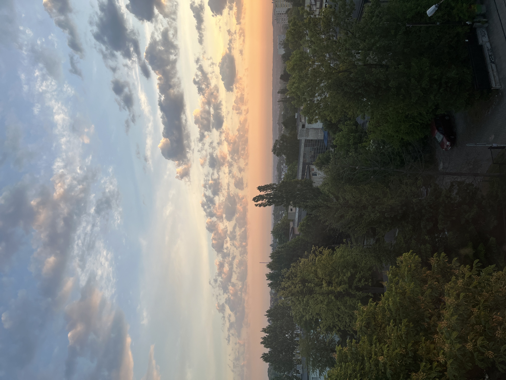 This elevated view captures an urban landscape bathed in the warm light of either sunrise or sunset. The sky occupies the upper two-thirds of the image, transitioning from a light blue with scattered white and grey clouds on the left to a vibrant orange and pink glow along the horizon on the right. Numerous clouds, some illuminated by the warm light and others in shadow, stretch across the vast expanse.
A flat, distant horizon separates the sky from the cityscape. Buildings of varying sizes are visible in the background, some silhouetted against the bright horizon, and a tall, slender structure, possibly a chimney or tower, rises above the distant trees. The mid-ground and foreground are dominated by a dense canopy of lush green deciduous trees, their foliage appearing dark due to the backlighting. These trees are abundant, obscuring many of the buildings beneath them.
In the lower right portion of the image, a paved area, likely a street or parking lot, is visible. A dark red car is parked partially under the shade of a large tree. A street lamp stands upright near the edge of the paved surface. The scene is devoid of visible human activity, presenting a tranquil moment at the beginning or end of the day. No text is visible.