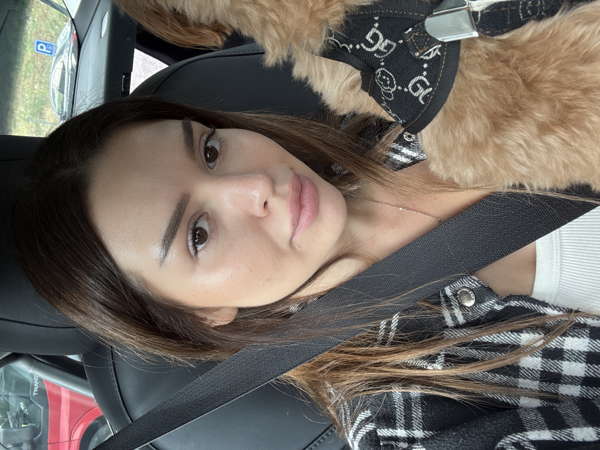 A woman with brown hair and brown eyes is sitting in the passenger seat of a car. She is wearing a black and white plaid shirt and a white tank top. A seatbelt is fastened across her body. To her right, a fluffy brown dog wearing a black harness with a repeating pattern of cartoon faces and the letters "GG" is visible. The background shows the interior of the car and out the window, a parking lot with a blue parking sign and other vehicles. The scene is consistent with being in a city.