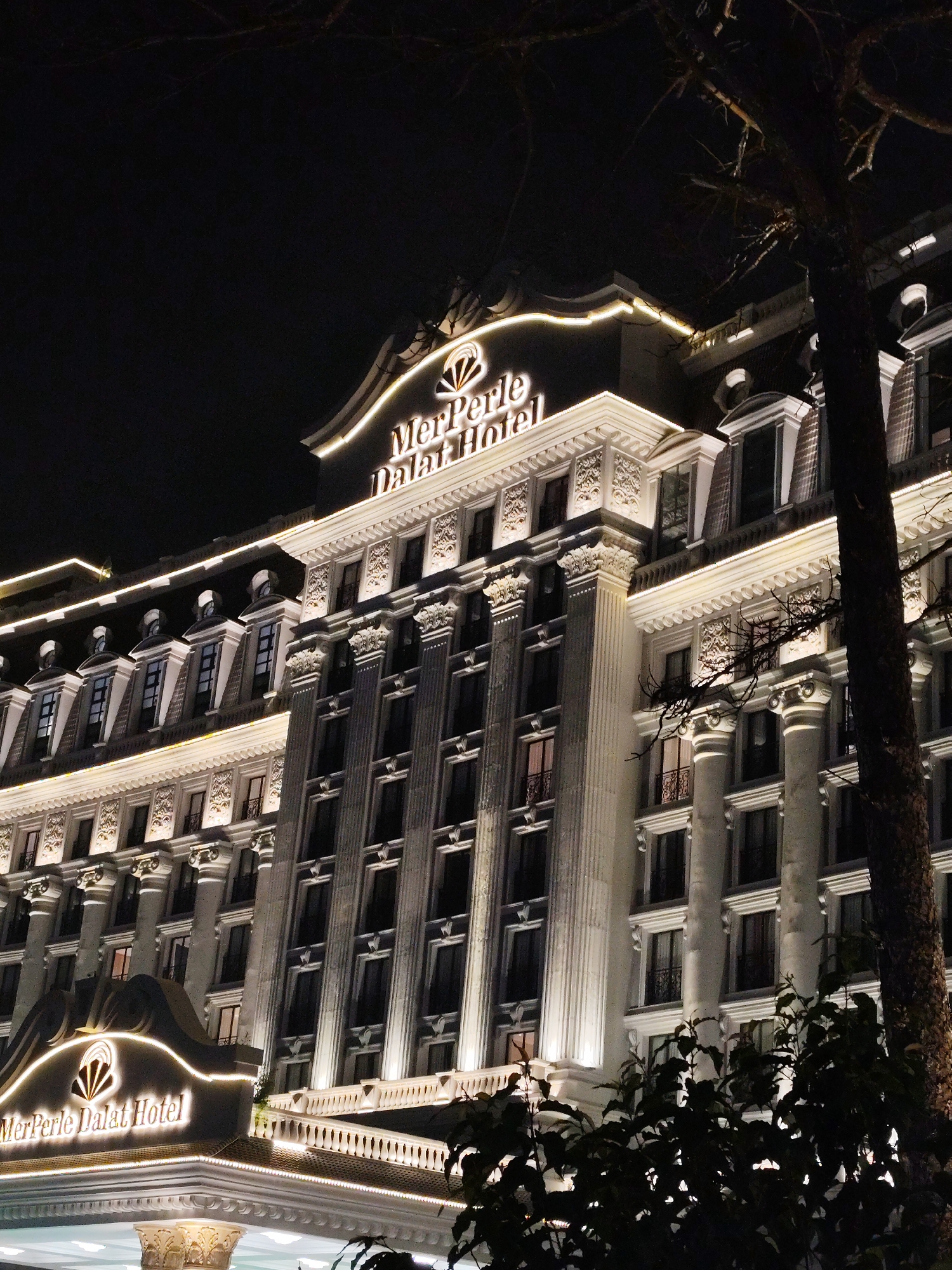 The image shows the MerPerle Dalat Hotel at night in Da Lat, Vietnam. The hotel is a tall, multi-story building illuminated with bright, white lights. It features a classical architectural style with columns, ornate detailing, and mansard roofs. The hotel's name, "MerPerle Dalat Hotel," is prominently displayed at the top and front entrance in illuminated lettering. A dark tree trunk and foliage partially obscure the right side and bottom of the frame. The sky is dark.