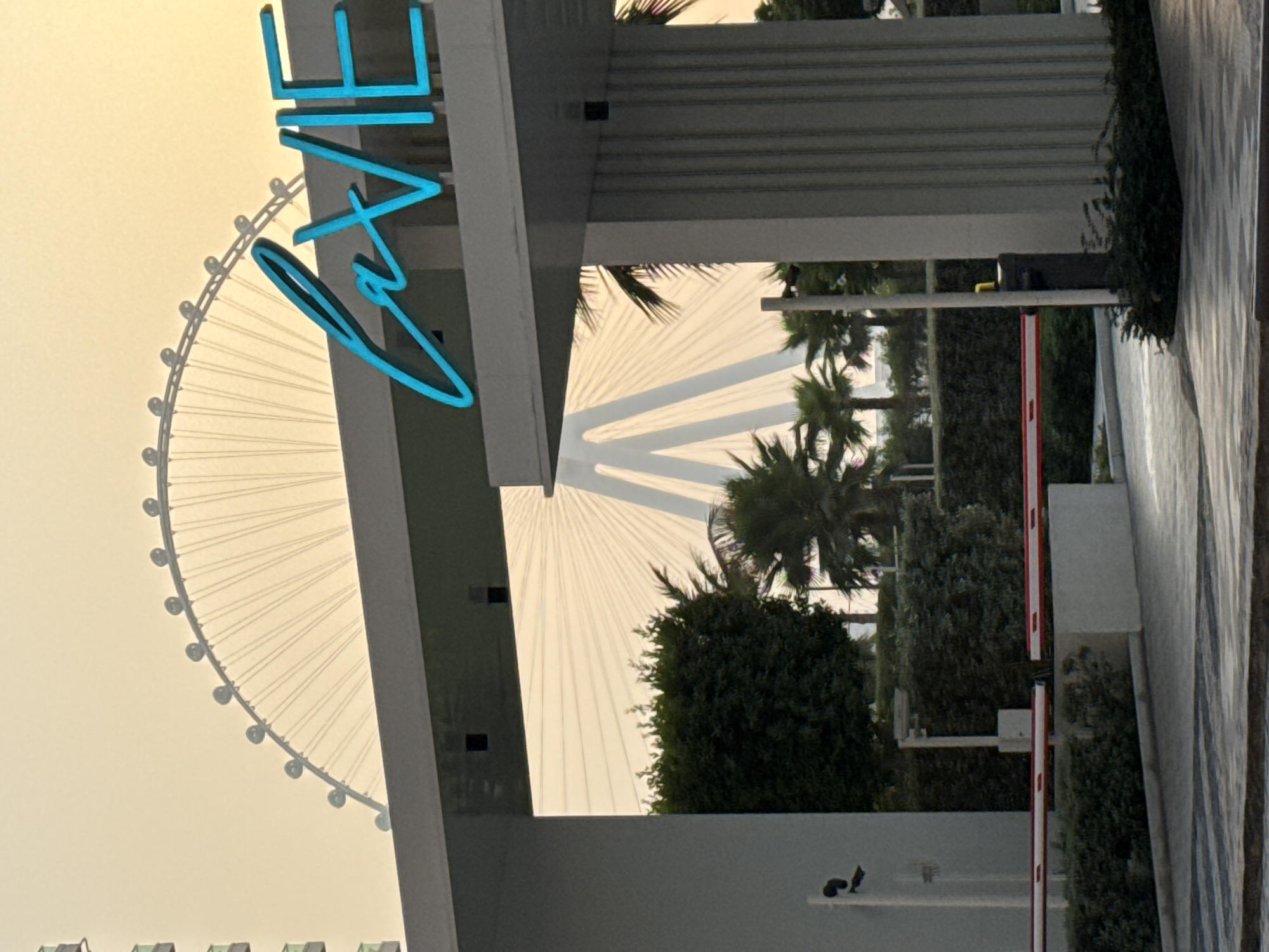 This is an outdoor, low-angle, vertical medium shot of the entrance to an area in Dubai, United Arab Emirates. The sky is a pale orange, suggesting either dawn or dusk. In the background, the distinctive outline of the Ain Dubai observation wheel is visible, its spokes radiating outward. The word "LA VIE" is displayed in large, teal-colored neon letters above the entrance gate. The entrance itself is a modern, white structure with vertical ribbed pillars. Red and white striped barriers are extended across the roadway, indicating an entry or exit point. Lush green bushes and palm trees are planted around the entrance, framing the view of the Ain Dubai. There are no people visible in the image, and the scene appears to be a quiet, potentially residential or resort area. The overall impression is one of a scenic and upscale location in Dubai.
