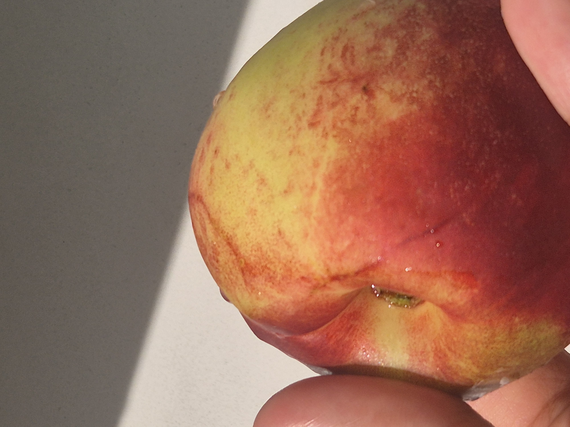 The image shows a close-up of a peach held by a person's fingers. The peach is predominantly red and yellow, with some reddish streaks. There are visible water droplets on the surface of the peach. The background is a plain surface with a shadow cast across it, suggesting an outdoor or well-lit indoor environment. There is no visible indication of the location being Kokshetau, Kazakhstan.