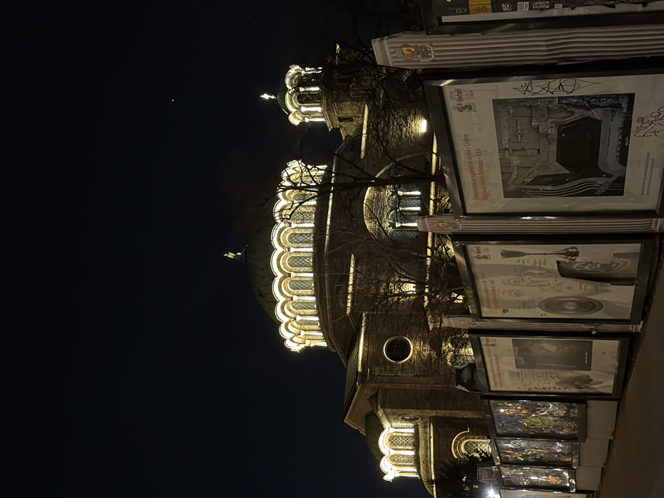 The image displays the illuminated Saint Nedelya Church in Sofia, Bulgaria, observed at night. The prominent stone church features a large central dome with a dark green cap, encircled by a series of arched windows and white decorative trim, topped by a finial. To the right, a smaller bell tower with a pointed cap and a cross is visible. The church facade is warmly lit by upward-facing spotlights, revealing its texture and architectural details. Bare tree branches partially obscure the church structure in the mid-ground.
In the foreground, a continuous line of large, vertical display panels is positioned. These panels exhibit various printed images and texts, including "Sofia Regional History Museum" in English and Cyrillic script. Content on the panels includes archaeological artifacts, historical illustrations, and a stylized map or floor plan. Black and white graffiti marks are present on several panels. Each display panel is framed by decorative elements resembling fluted columns, topped with a small emblem or crest. The sky above is dark, with a single faint star or celestial object visible in the upper right quadrant. No individuals are present in the scene.