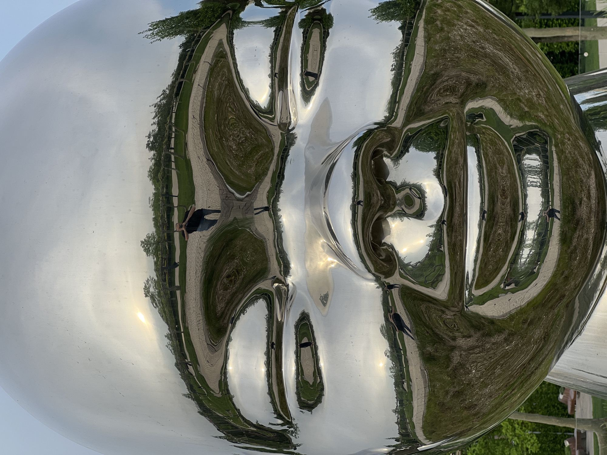 The image shows a close-up of a shiny, metallic sculpture in the shape of a human face. The surface of the sculpture reflects the surrounding environment, including trees, a walkway, people, and the sky. The reflection is distorted due to the curvature of the sculpture. Based on the reflections and the style of the artwork, this is likely the "Big Brother" sculpture by Jaume Plensa located in Krasnodar, Russia.