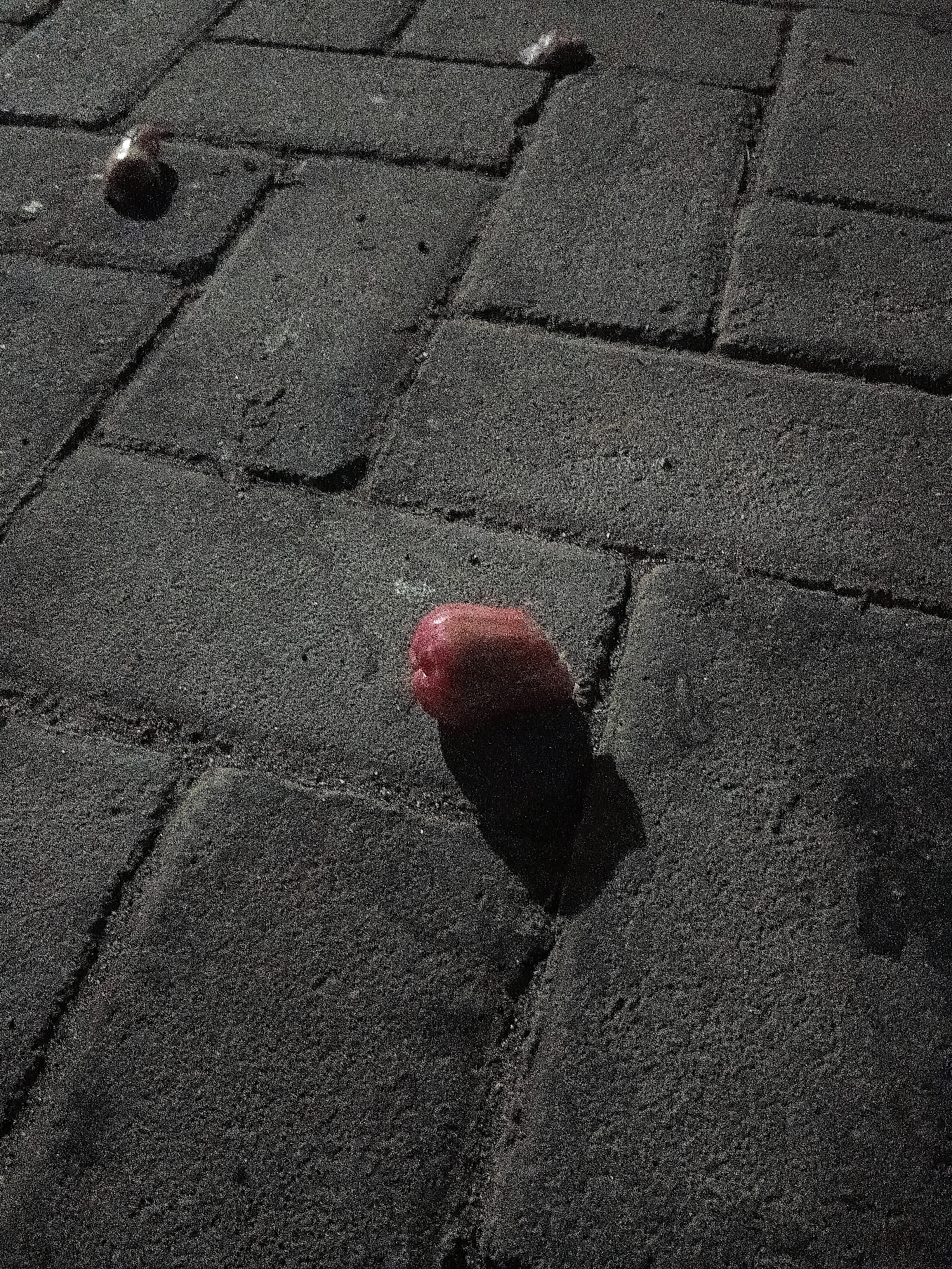 The image shows a dark, grainy close-up of paving stones on a street in Cikal, Indonesia. There are three red fruits, possibly rose apples, scattered on the stones. One fruit is in the center foreground, casting a distinct shadow. Another is in the upper left corner, and a third is in the upper center of the frame. The lighting suggests it is nighttime, with a light source casting shadows on the fruit and stones. The paving stones are dark and appear worn, with visible cracks between them.