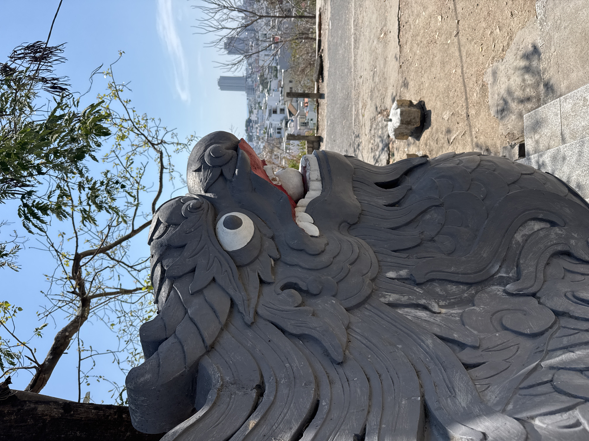 A stone dragon statue with an open mouth stands on a concrete surface with a building in the background in Tay Nha Trang Ward, Vietnam. The statue is gray with red accents in the mouth. The mouth is open, revealing white teeth and a red interior. The eye is large and white. The details of the scales and mane are carved into the stone. A tree with green leaves is in the background, partially obscuring the blue sky. The building in the background is tall and modern. A concrete walkway is visible behind the statue.