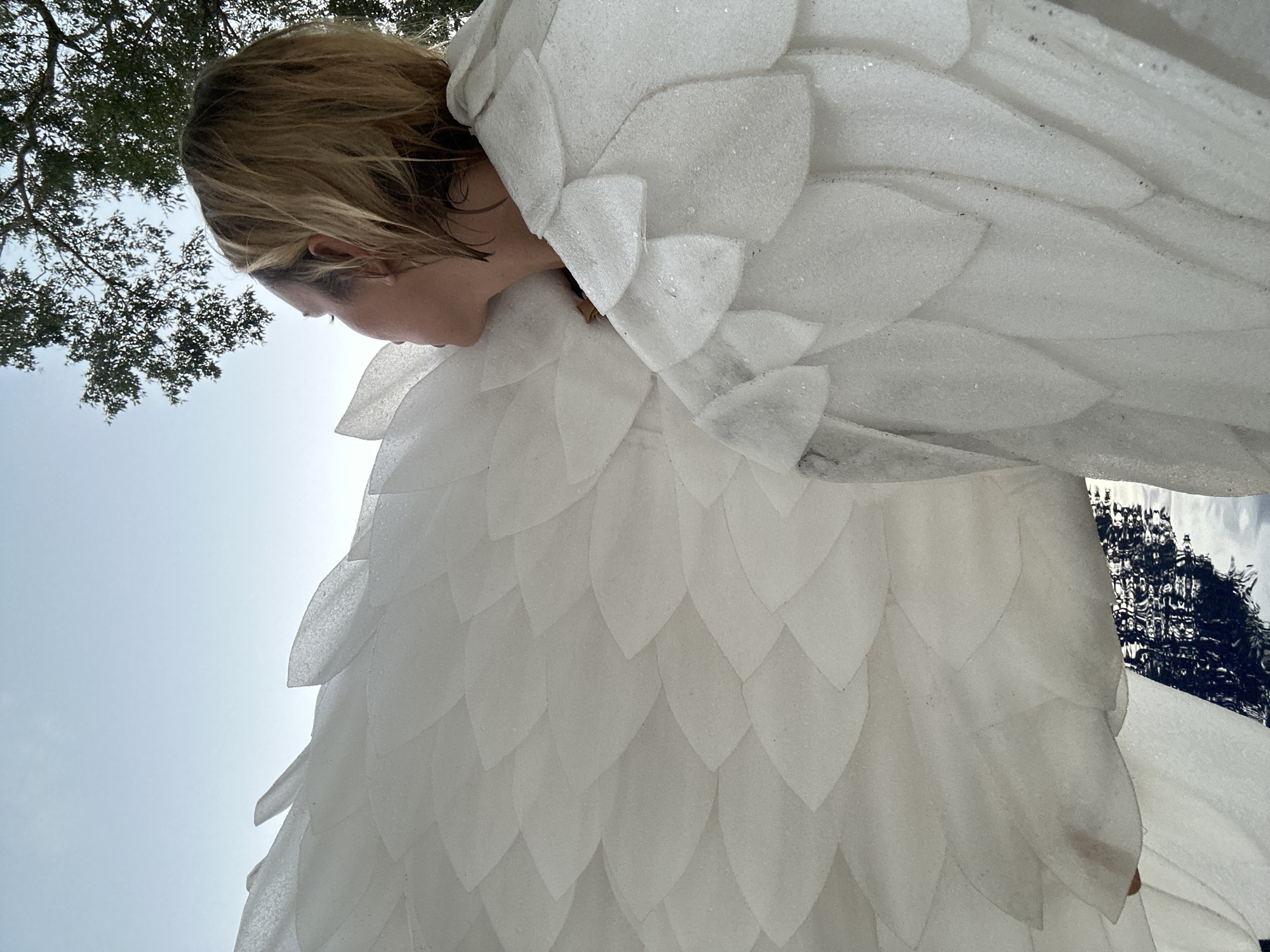 A solitary individual, viewed from the back and right side, stands outdoors under a clear, bright blue sky. The person has light blonde or dirty blonde hair, appearing somewhat wet or disheveled, covering the side of their face and neck. Their head is tilted slightly upwards and to the left, directing their gaze towards the horizon.
They are wearing an elaborate, wing-like garment or costume made of numerous overlapping, white, scale-like or feather-like elements. These elements appear to be crafted from a semi-translucent material, possibly plastic or foam, with a subtle glittery or granular texture that catches the light. One large section of this garment extends significantly to the left side of the frame, curving upwards. Another section covers the person's right shoulder and upper back, also composed of these textured white scales.
In the upper right portion of the image, dark green foliage and branches of a tree are visible against the sky. Below the left wing, in the lower-left area, a dark, reflective body of water with visible ripples is present. A small, reddish-brown smudge or mark is discernible on one of the white scales near the water. The scene takes place in the city of Unknown, Unknown.