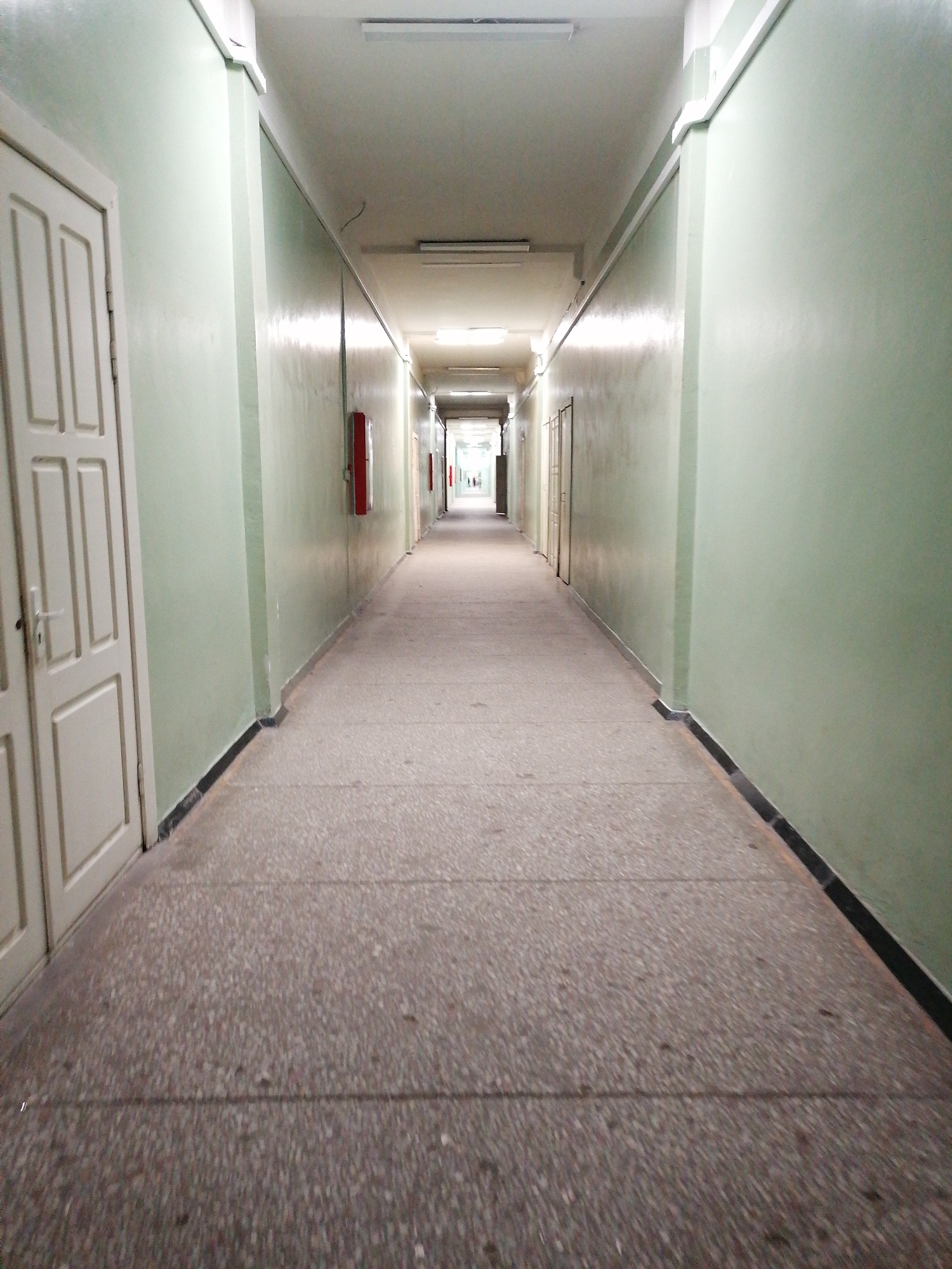 The image depicts a long, deserted corridor within a building. The walls are pale green, and the floor is covered with a gray, speckled tiling pattern. White doors are visible on either side of the corridor. Recessed fluorescent lighting fixtures illuminate the hallway, creating a somewhat institutional atmosphere. A red fire extinguisher case is visible on the left-hand wall. The corridor extends into the distance, narrowing with perspective, and ending in a brightly lit opening. The location of the building is unknown.