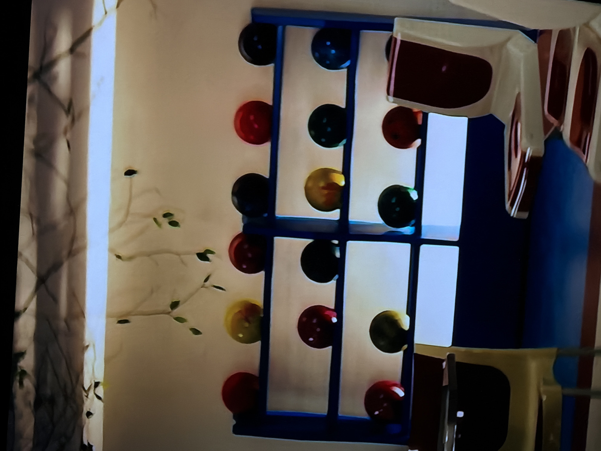 The image captures an indoor scene, likely a child's room or play area. A prominent blue, vertical grid structure, possibly a toy or educational tool like an abacus, is positioned centrally. This grid holds numerous colorful, spherical objects that resemble large buttons or beads, presented in hues of black, red, yellow, and green. These objects appear to be movable within their compartments.
To the left of the blue structure, a light-colored wall is visible, decorated with a delicate vine or branch pattern featuring small green leaves. A bright, vertical white column, possibly a window frame or part of an architectural feature, runs along the far left. On the right side of the blue grid, a white and dark red object, perhaps a toy roof or part of a toy house, is seen, with dark blue and lighter blue surfaces extending further to the right.
The general illumination suggests it is daytime. There are no people present, and no discernible activity is taking place. The scene is static, showcasing the decorative and playful elements of the room. No visible text is present in the image. The location context indicates this interior is in Sofiivska Borshchahivka, Ukraine.
