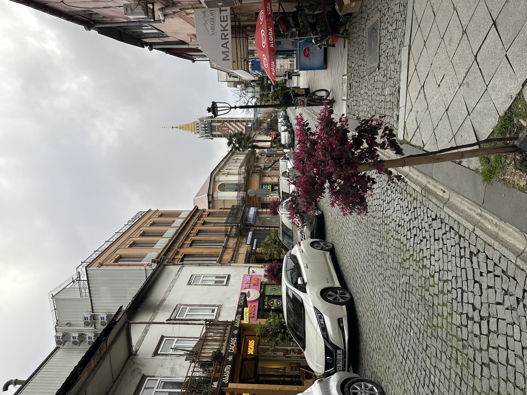 The image depicts a street scene in Batumi, Georgia. The street is paved with cobblestones and lined with buildings on both sides. A white car is parked along the right side of the street near the sidewalk, and part of another gray vehicle is parked in front. The sidewalk is also paved with stone and a small ornamental tree with burgundy foliage grows next to the sidewalk.
Buildings are adjacent to the sidewalks. On the left side of the street, there is a two-story building with retail businesses on the ground floor. Signage can be seen in both English and Georgian languages, including "CACAOS" and "THE CHIMNEY SWIRL." Further down the street, signage also includes "MARKET" and "ALGIDA." A tall clock tower is visible in the distance.
The sky is overcast. The image is taken at street level.