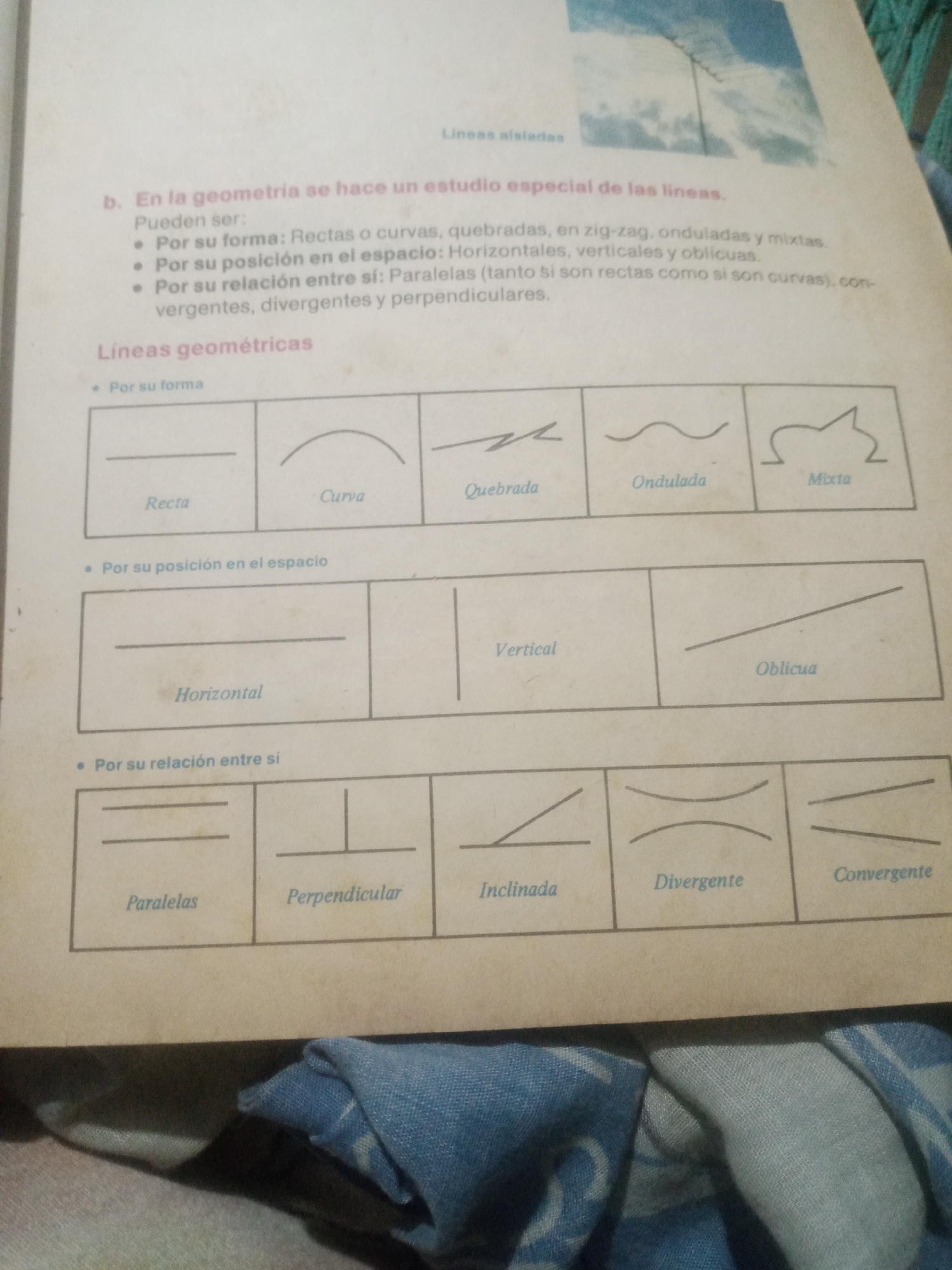 The image shows a page from a textbook discussing geometric lines. The text is in Spanish and categorizes lines by their shape (straight, curved, zigzag, wavy, mixed) and by their position in space (horizontal, vertical, oblique). It also discusses the relationship between lines (parallel, perpendicular, inclined, divergent, convergent). There are illustrations accompanying each category. The scene is indoors, with the book lying on a surface that appears to be a table or desk covered with a blue and white patterned cloth. The lighting suggests an indoor environment. There are no people or city elements visible in the image. The location in Santa Ana, Venezuela is not determinable from the provided image.