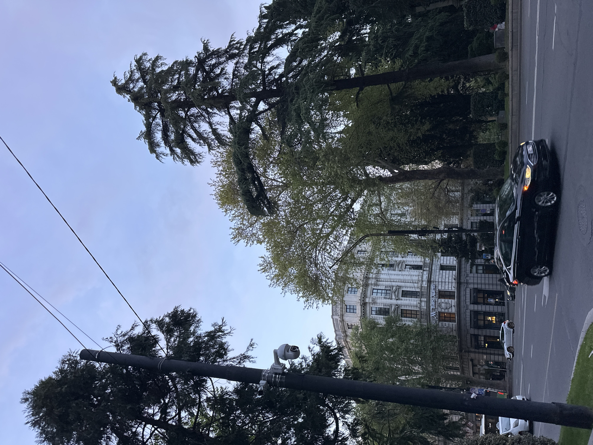 The image shows a street scene in Tbilisi, Georgia, with a black car driving on the right side of the road. Several other cars are visible parked along the street. On the left side of the frame are large trees and a tall building with ornate architectural details. A utility pole is in the foreground, with a surveillance camera mounted on it. The sky is overcast.